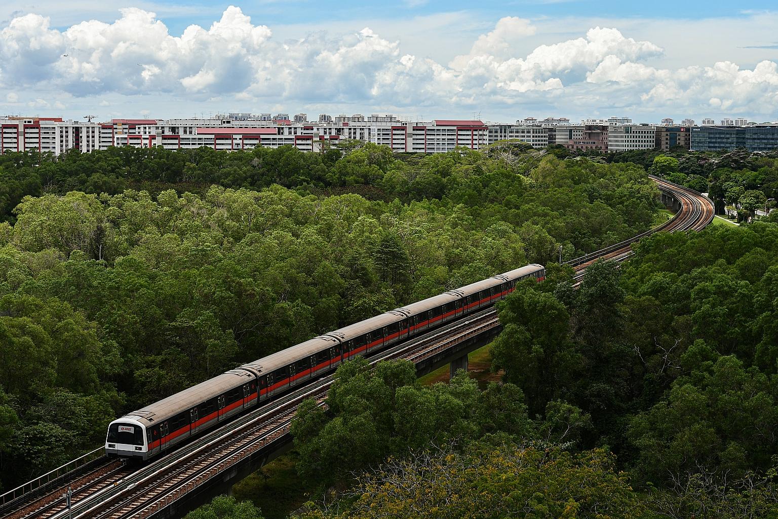 An MRT train travelling along Tampines Eco Green Park. Minister for Sustainability and the Environment Grace Fu said Singapore Green Plan 2030 demonstrates the Government's commitment to ensure Singapore remains a green and liveable home for many gen