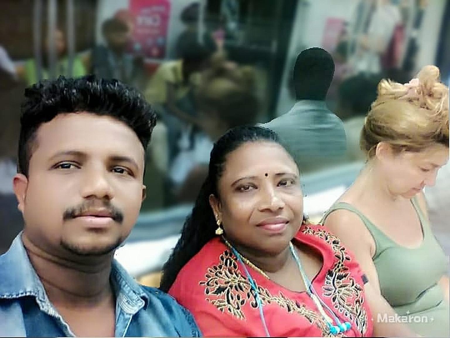 Mrs Sugunan Shanthi with her son Sugunan Sudheeshmon, when he arrived in Singapore some years ago. They met on their days off, though Covid-19 curbs meant spending only a few hours a week together. At their last meeting, Mr Sugunan was teased by frie