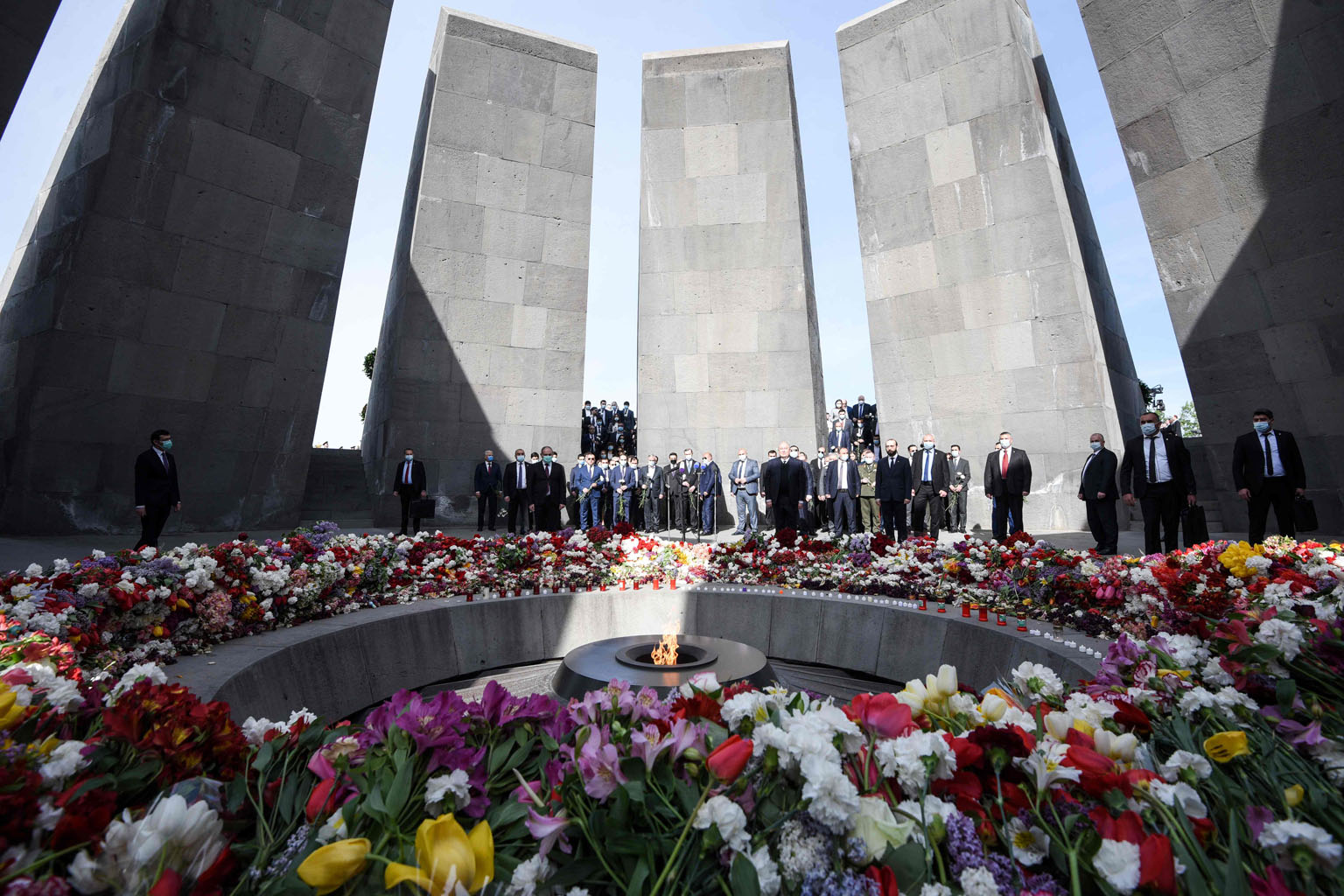 Armenian leaders at the Tsitsernakaberd Memorial in Yerevan yesterday, the 106th anniversary of the Ottoman Empire's mass killings of hundreds of thousands of Armenians during World War I. US President Joe Biden's move to recognise the genocide came 