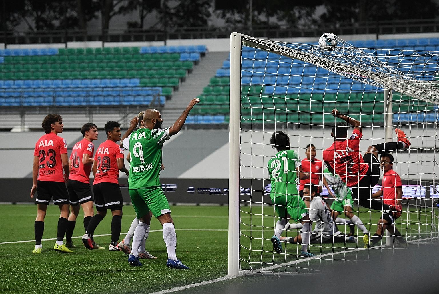 Faizal Roslan scoring Geylang International's opening goal in the 10th minute as the Eagles won yesterday's Singapore Premier League game against the Young Lions 4-2. The win, only their second of the season, meant that they are now sixth in the stan