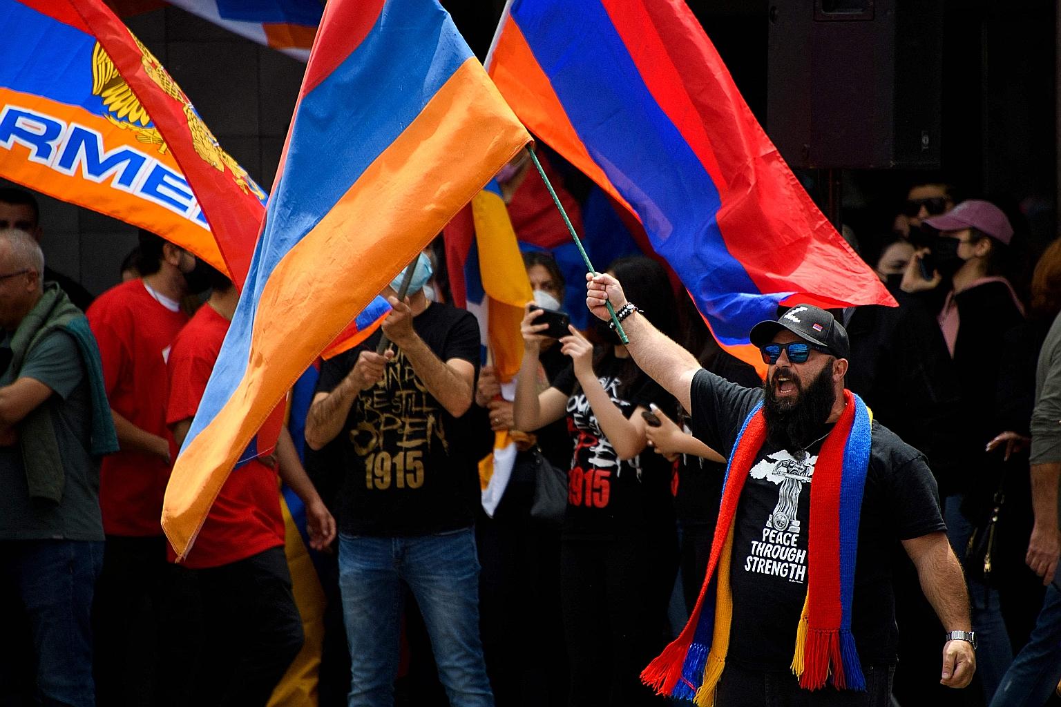 Protesters outside the Turkish Consulate in California on Saturday, the anniversary of the 1915 to 1917 mass killings of Armenians during the end of the Ottoman Empire. PHOTO: AGENCE FRANCE-PRESSE
