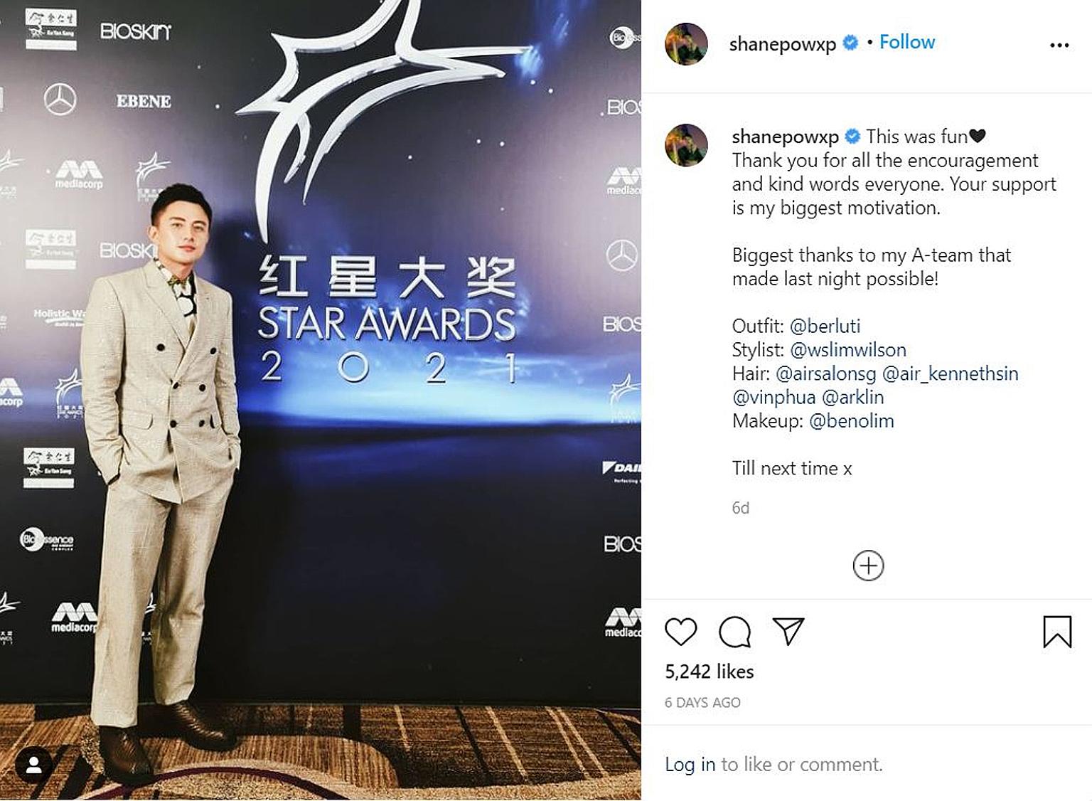 Actor Shane Pow at the Star Awards earlier this month.