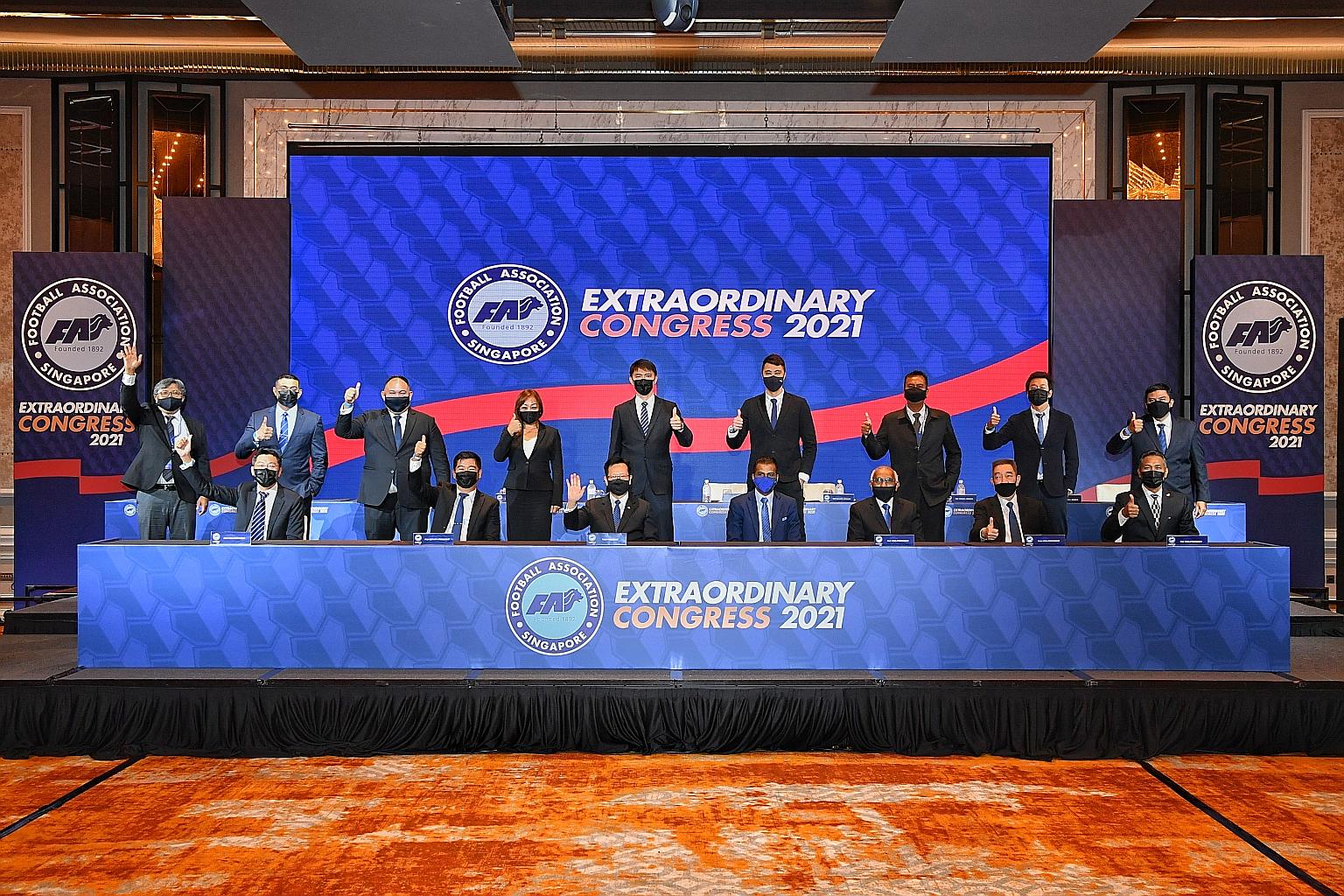 The FAS' incoming 15-member council comprises (seated, from left) vice-president Ben Teng, deputy president Bernard Tan, president Lim Kia Tong, general secretary Yazeen Buhari, vice-president S. Thavaneson, vice-president Teo Hock Seng and vice-pres