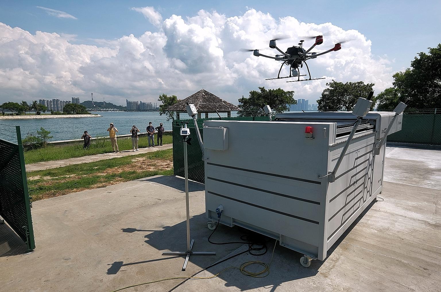 The drone is housed in a pod on Pulau Seringat, from which it is launched and returns to after each flight. ST PHOTO: GAVIN FOO