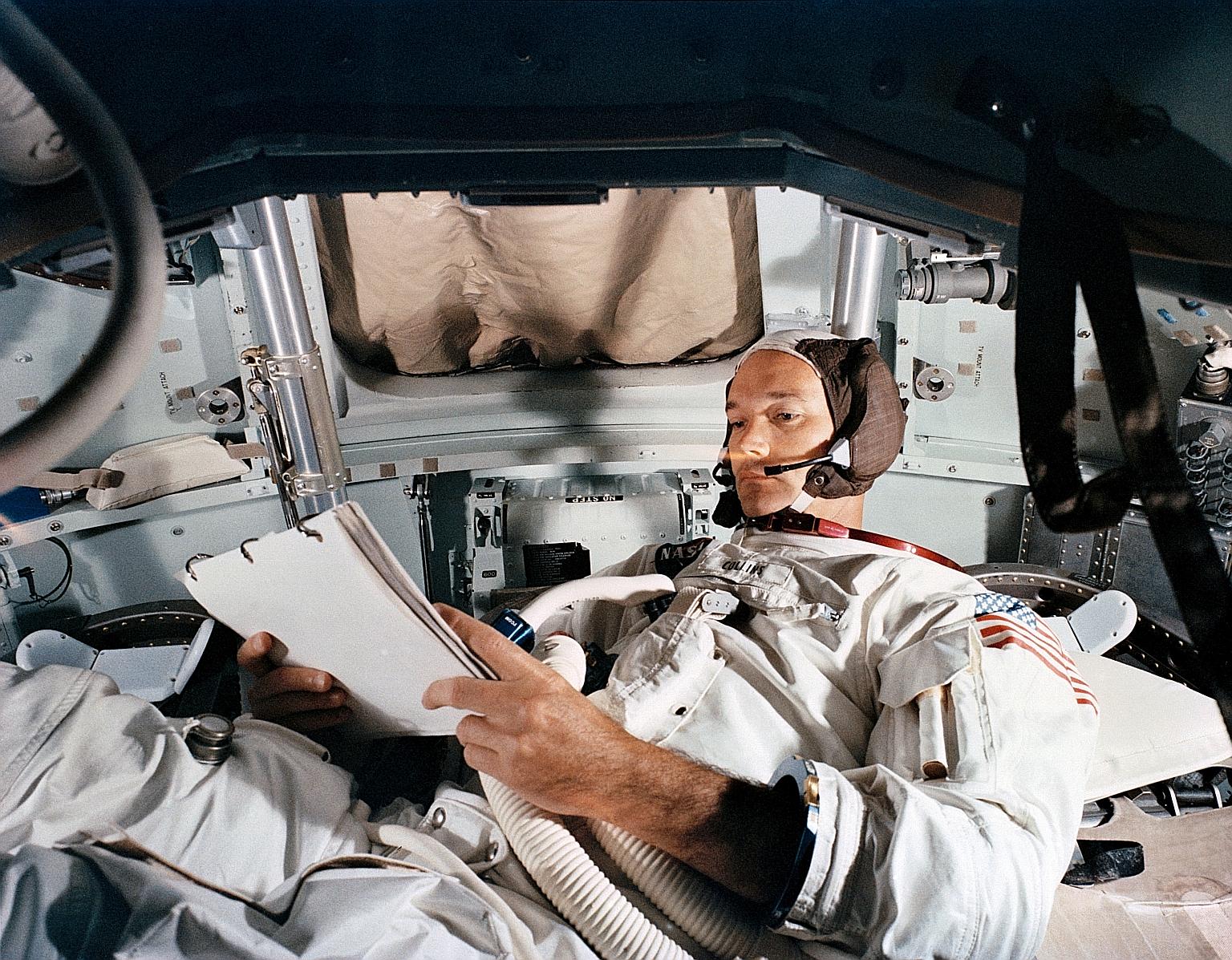 A 1969 photo of pilot Michael Collins in the command module simulator at Kennedy Space Centre ahead of the Apollo 11 mission. He remained in the spacecraft while his two fellow astronauts made their historic Moon landing. PHOTO: REUTERS
