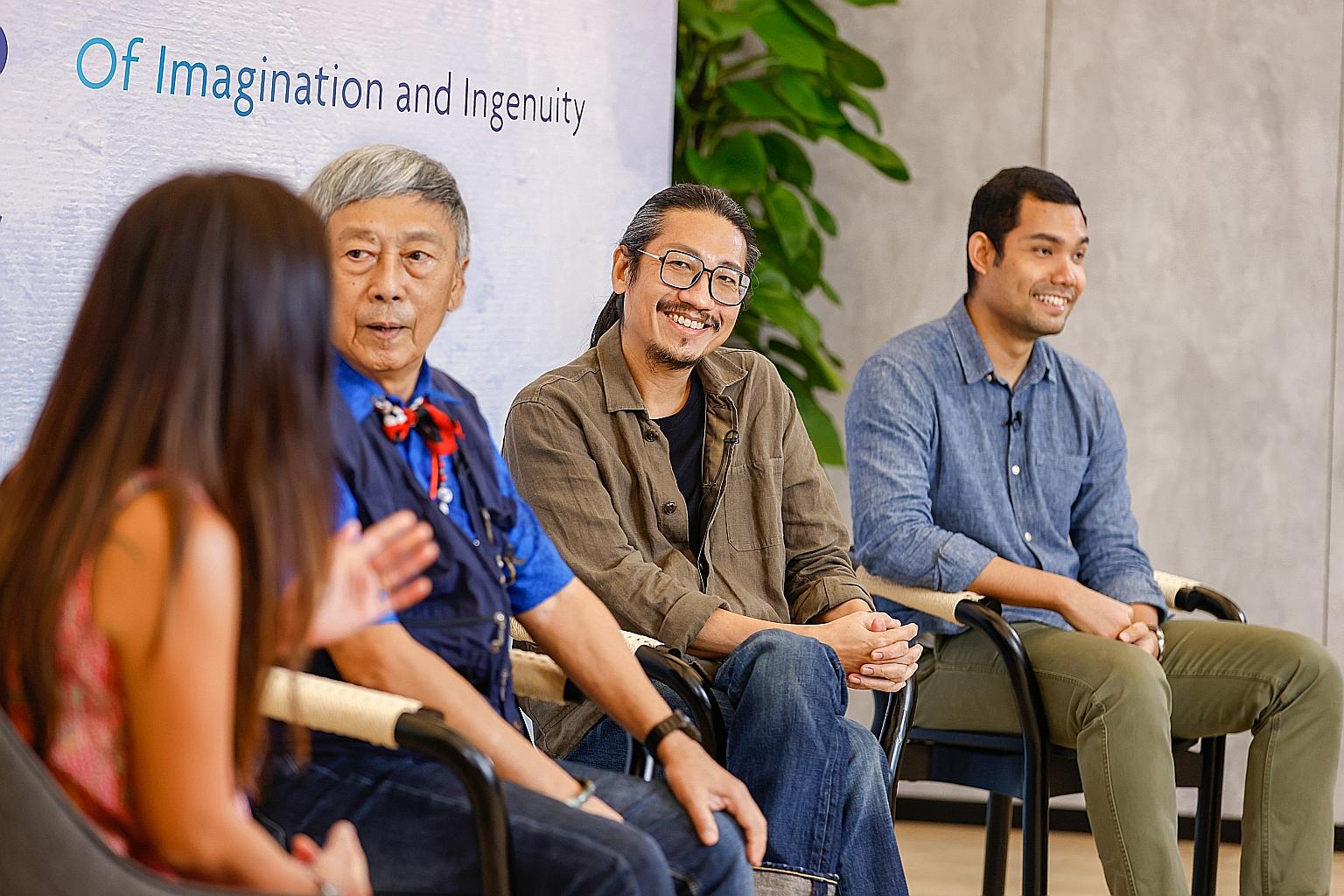 Ms Bridget Tracy Tan, regional chief judge for this year's UOB Painting of the Year competition, with former winners (from left) Goh Beng Kwan, Ian Woo and Khairulddin Abdul Wahab at a panel session during the launch of the competition on Tuesday. Ms