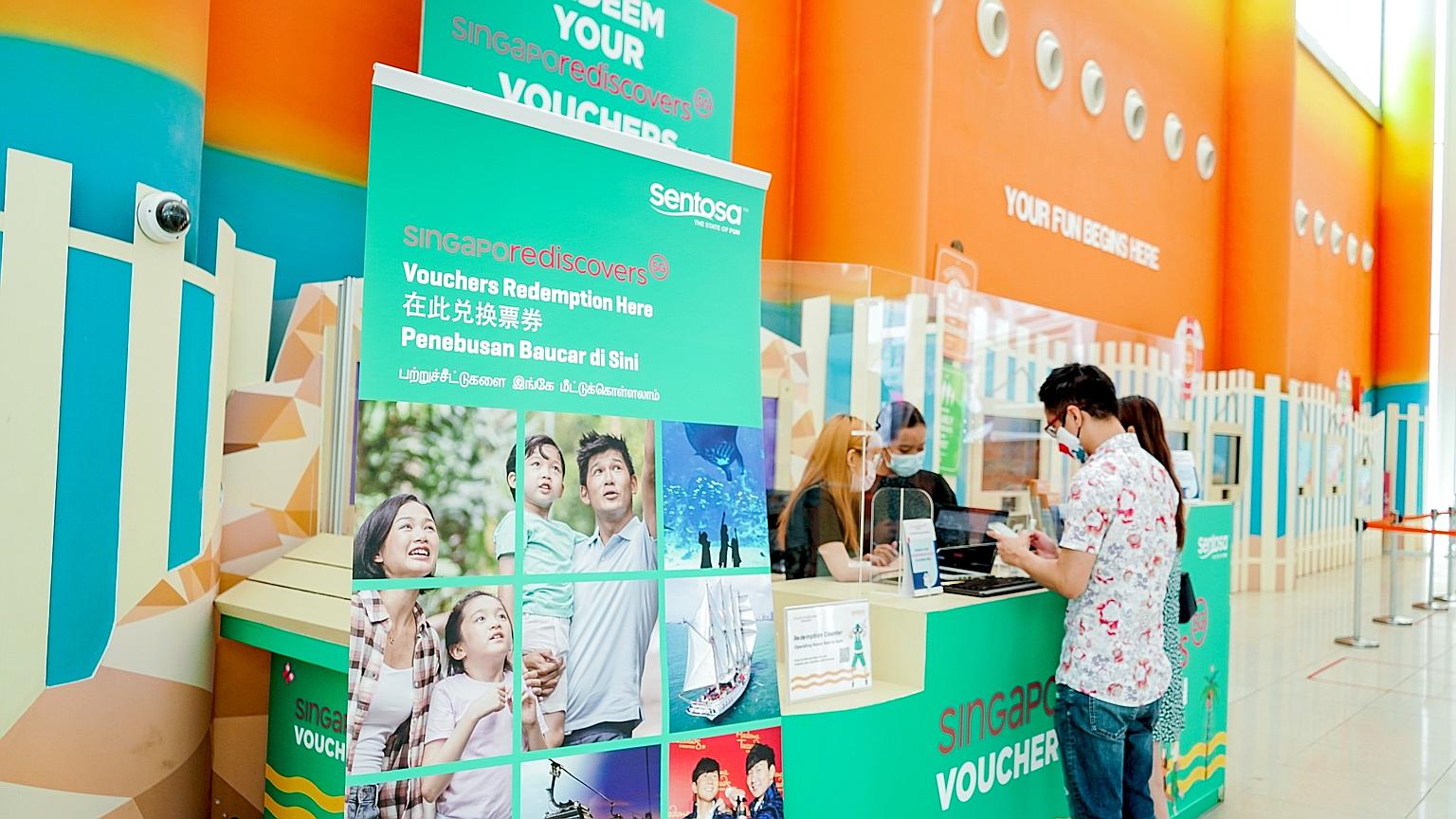 The voucher redemption counter at Sentosa Express VivoCity station. It is open from 9am to 6pm daily.