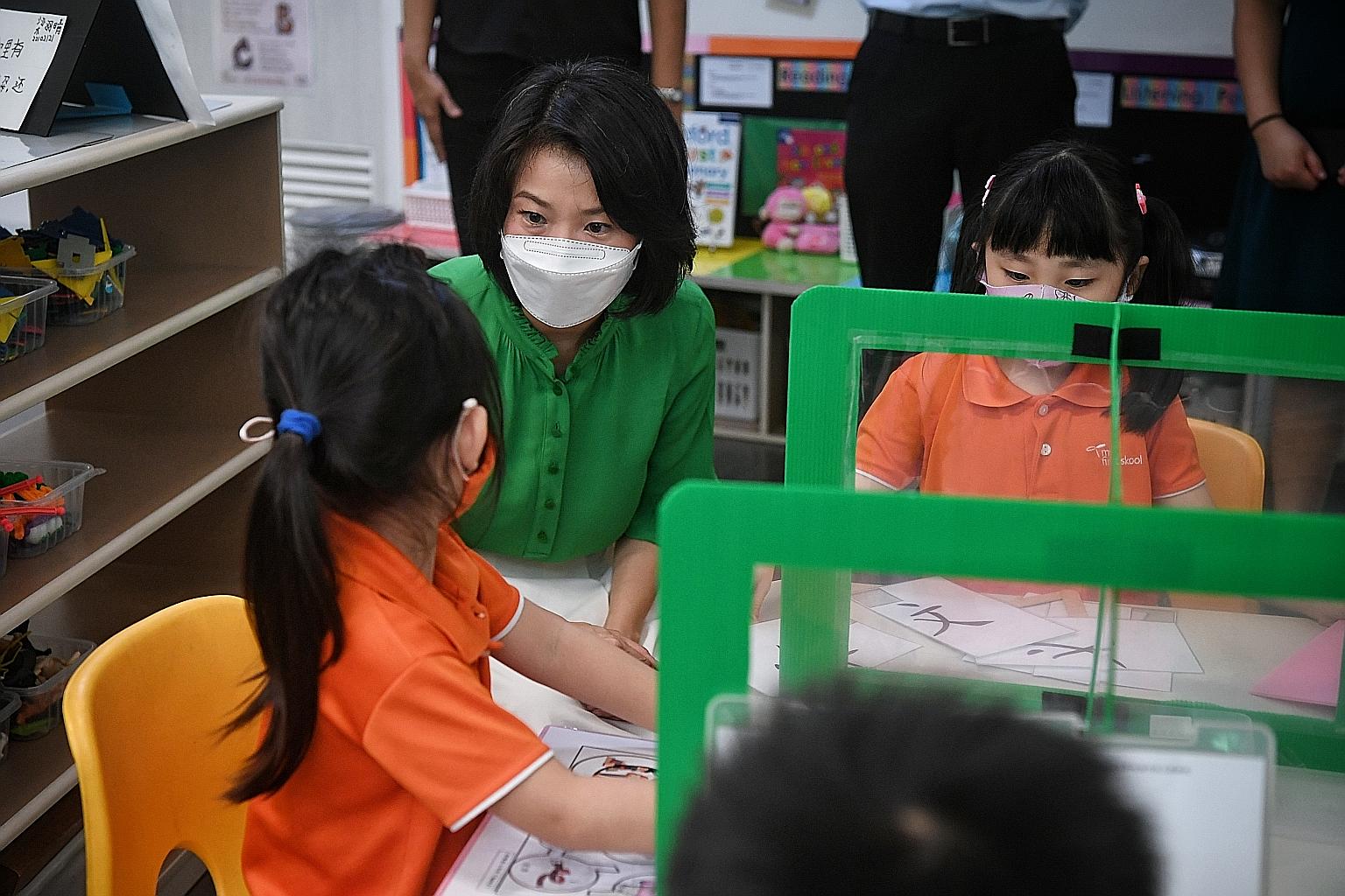Minister of State for Social and Family Development and Education Sun Xueling during a visit to NTUC First Campus' My First Skool in Kim Keat Link yesterday. She said the new Inclusive Support Programme pilot is meant to provide greater convenience t
