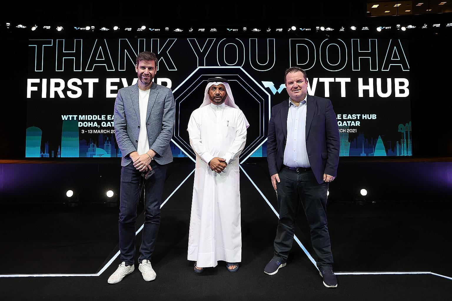 From left: WTT directors Matt Pound, Khalil Al-Mohannadi and Steve Dainton, who is also the ITTF's chief executive. They were at the WTT Qatar hub where two WTT events were held in March.