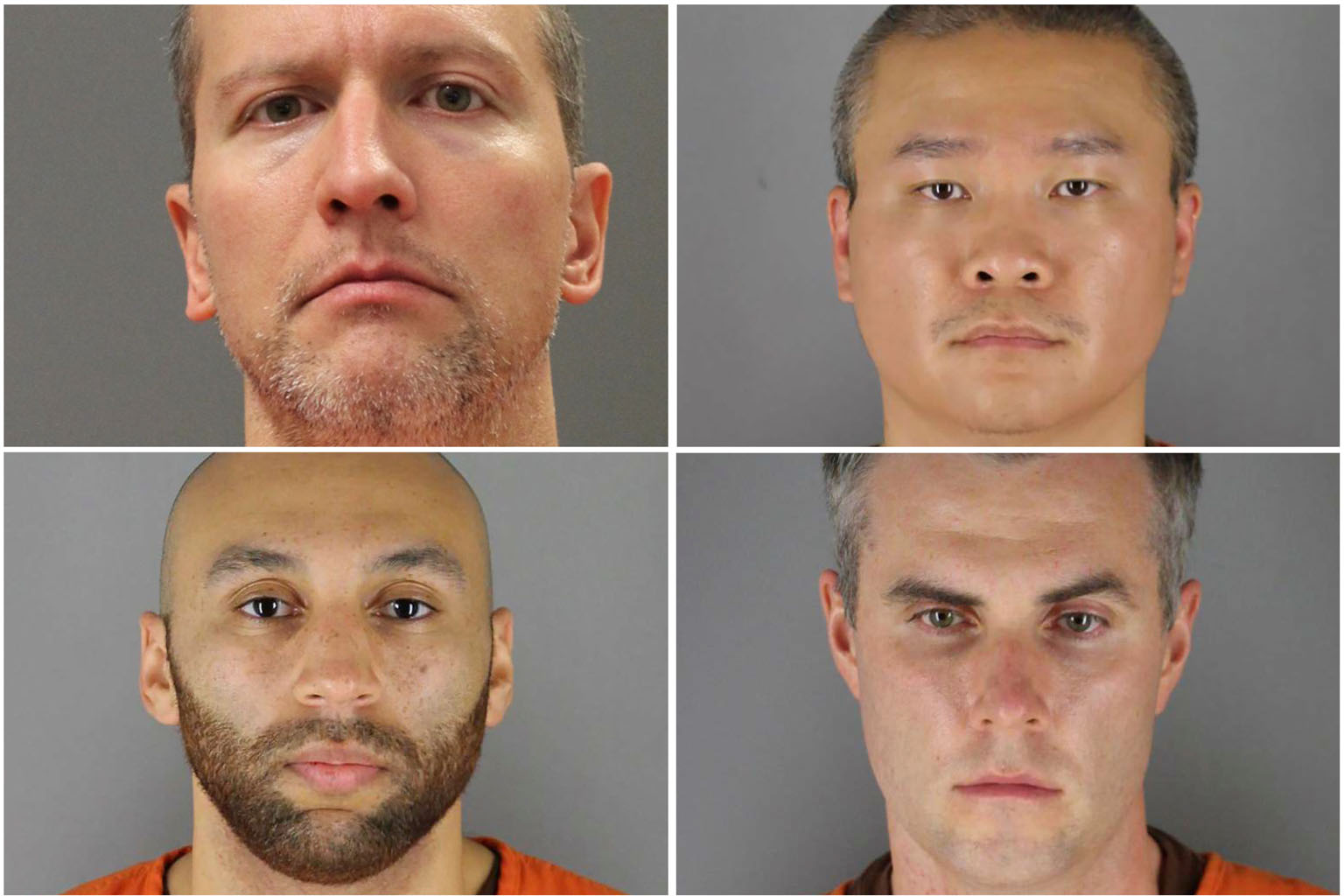 A combination photo of former Minneapolis police officers (clockwise from top left) Derek Chauvin, Tou Thao, Thomas Lane and J. Alexander Kueng following their booking over the death of Mr George Floyd.