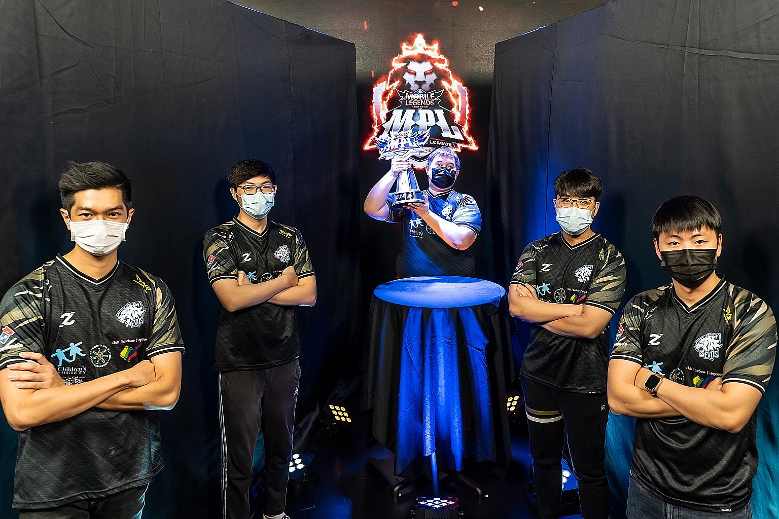 Evos SG's (from left) Stefan "Soul" Chong, Long "Girl" Shih Kiat, Andrew "Potato" Lim, Akihiro "JPL" Furusawa and Ng "Pokemon" Jun Hong won the inaugural MPL Singapore after beating RSG SG yesterday.