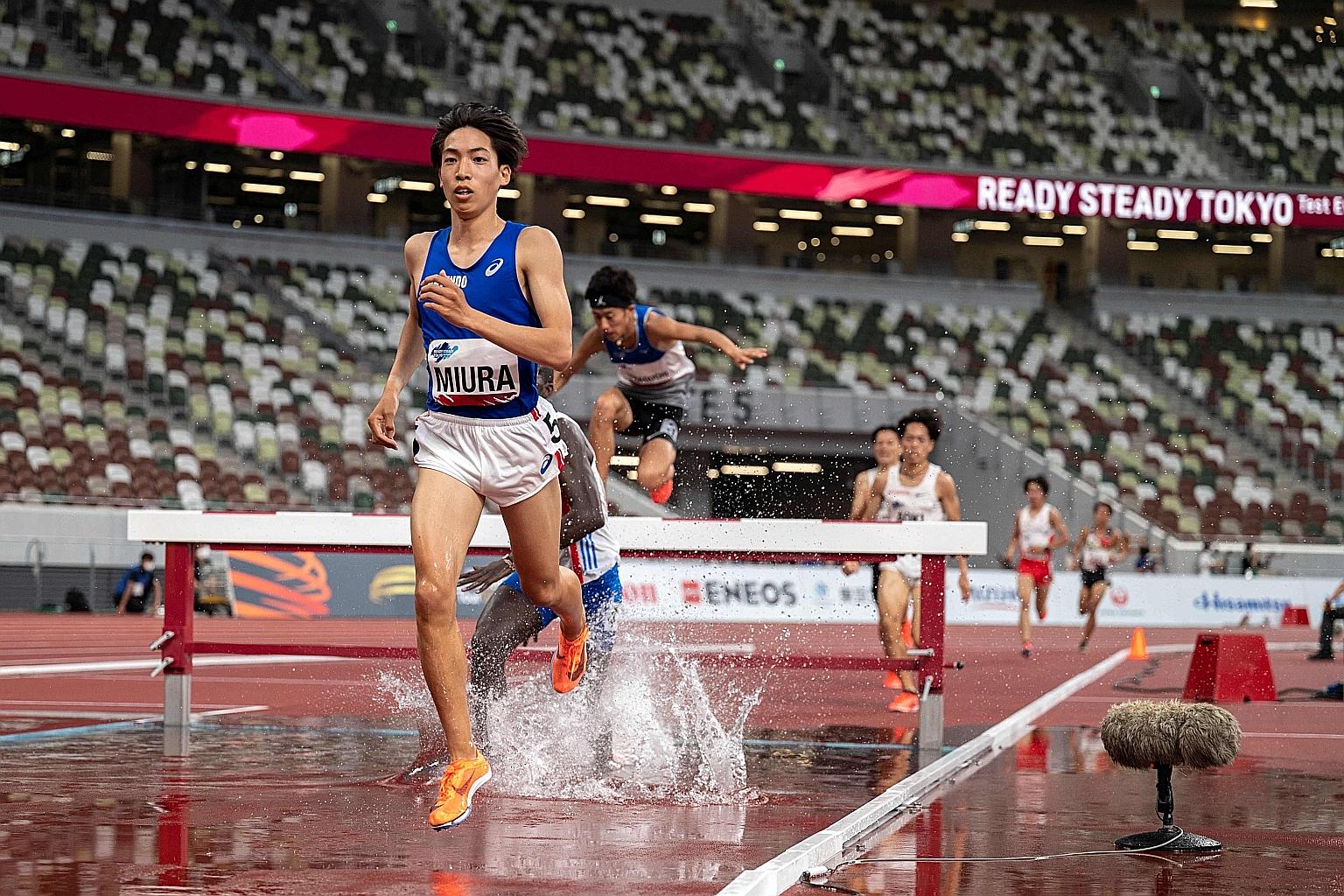 Japan's Ryuji Miura sets a national record in the men's 3,000m steeplechase during a test event for the Tokyo Olympics last Sunday. The success of the test event has given Games organisers a boost.