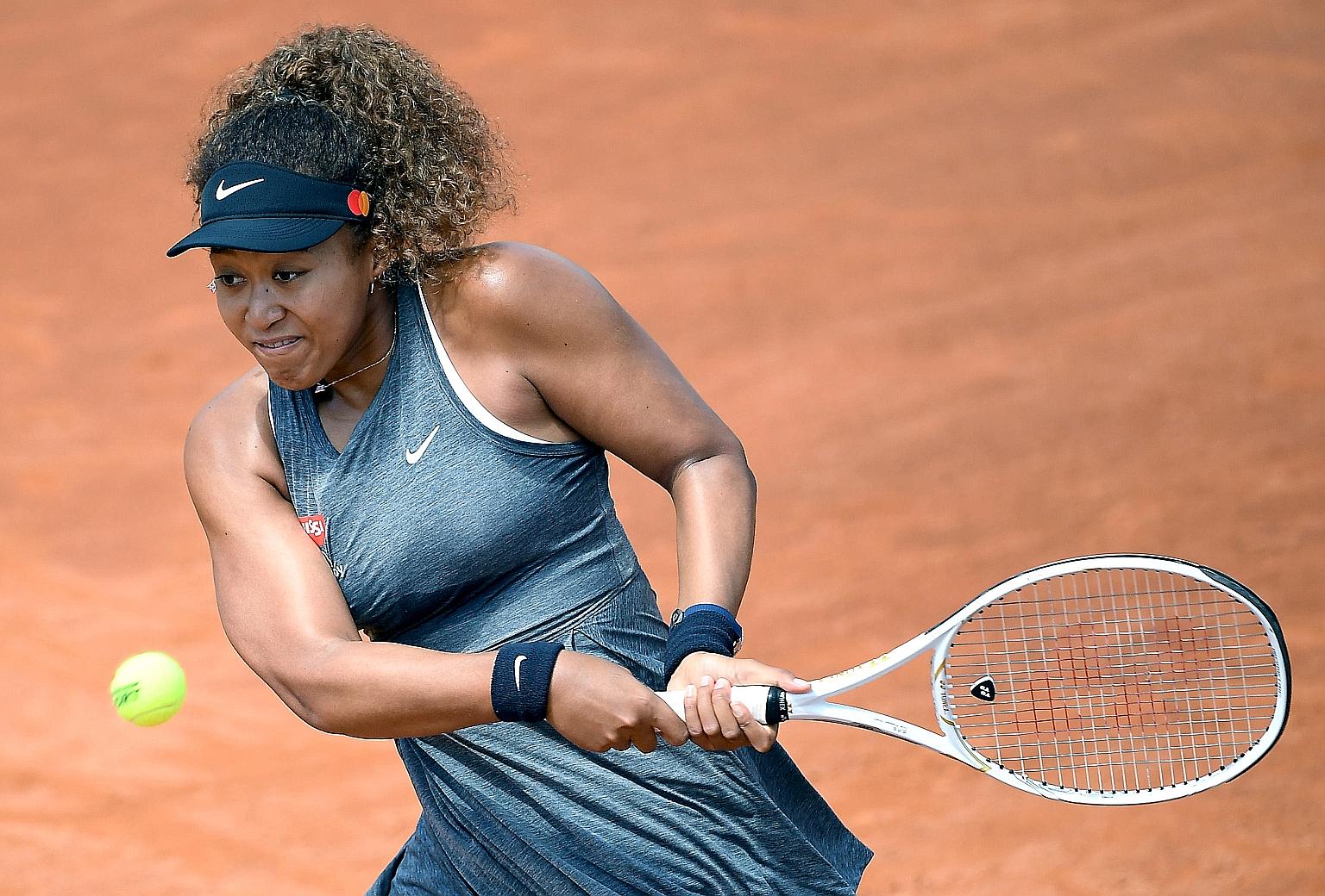 Naomi Osaka struggling on the clay court of the Italian Open during her second round loss to American Jessica Pegula in Rome yesterday. It was her second consecutive loss at the same stage after the Madrid Open.