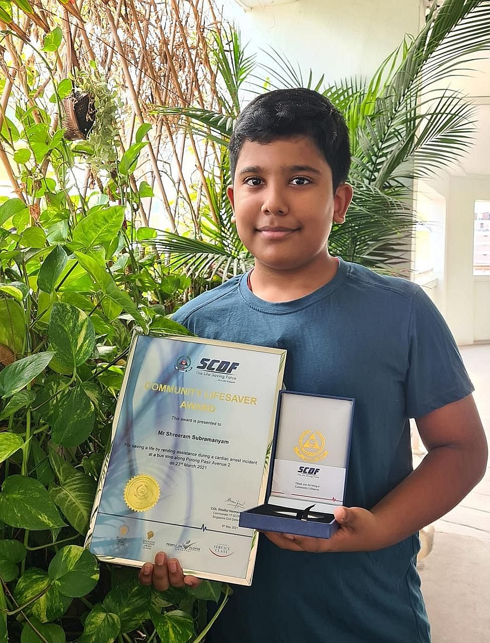 Shreeram Subramanyam is one of the youngest recipients of the Singapore Civil Defence Force Community Lifesaver Award. PHOTO: COURTESY OF SUBHATHIRA SAMBANDAN