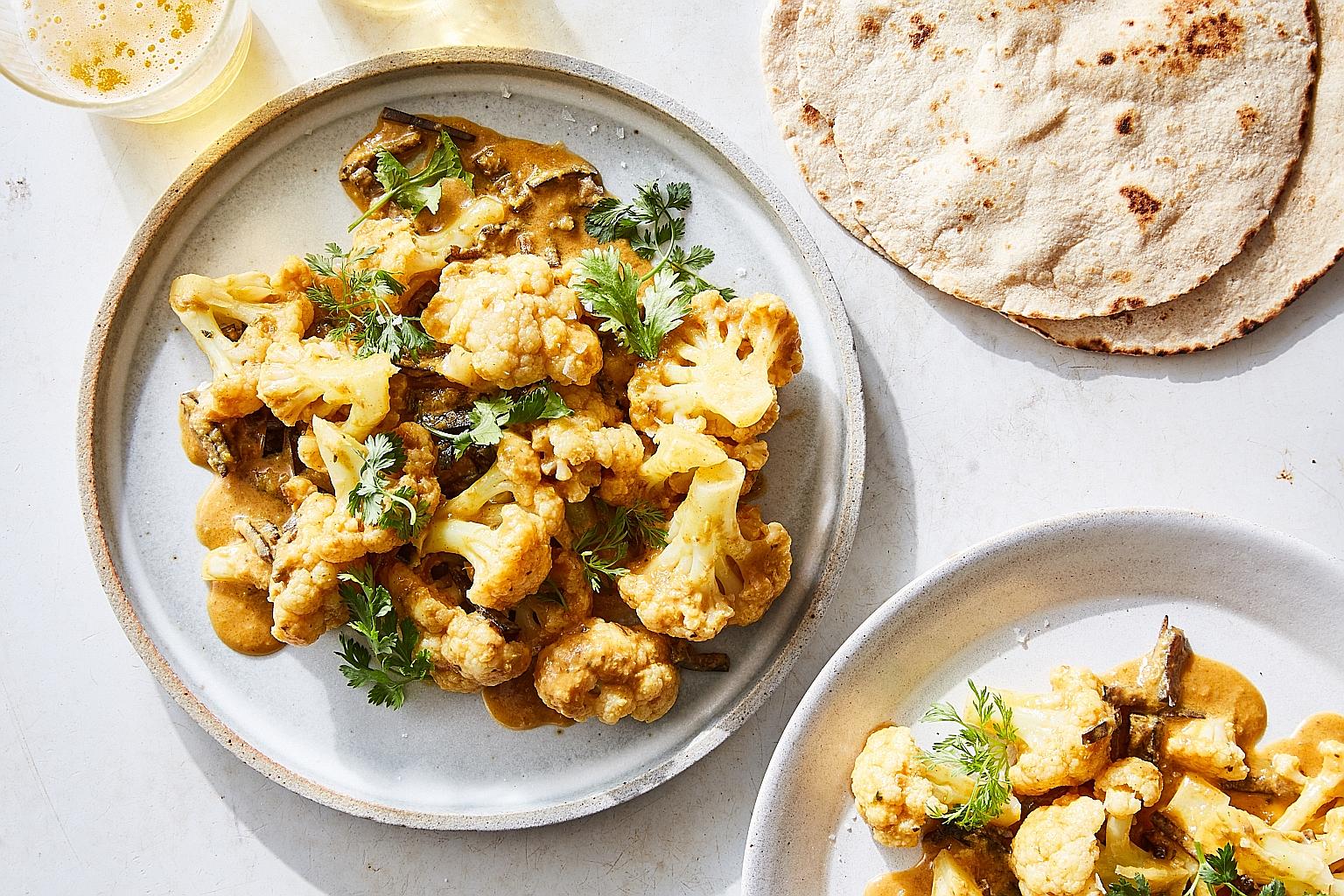 Cauliflower and banana peel curry (left) by British cookbook author and food personality Nigella Lawson.
