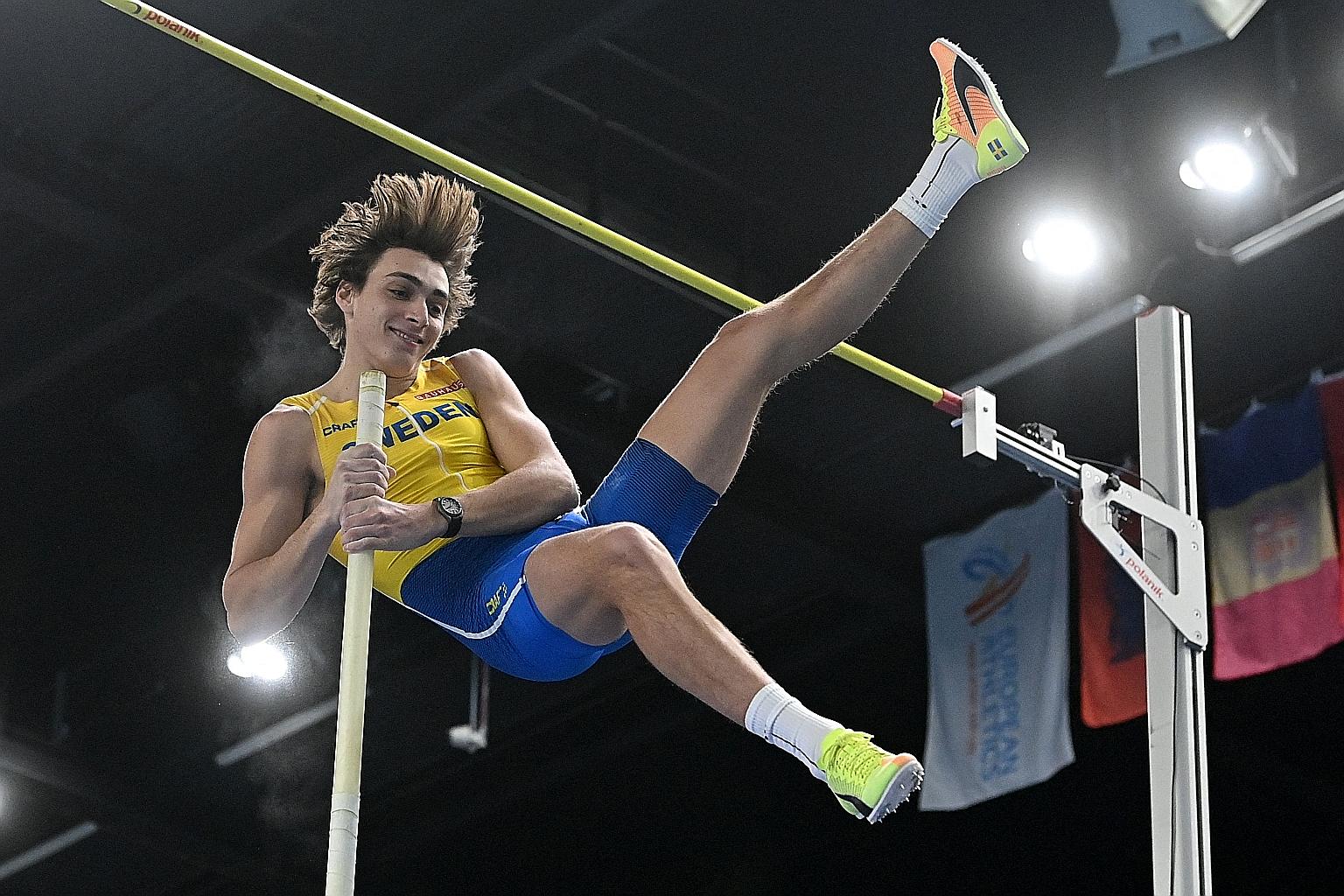 Sweden's Armand Duplantis competing in the men's pole vault final at the 2021 European Athletics Indoor Championships in Torun, Poland in March. He won gold with a 6.05m effort.