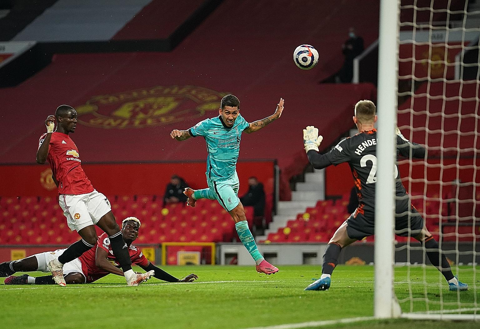 Roberto Firmino heading in the first of two goals to end his 16-game drought and give Liverpool a 2-1 lead in first-half stoppage time at Old Trafford. Beating West Brom, Burnley and Palace in a relatively easy run-in will secure the Reds a Champions