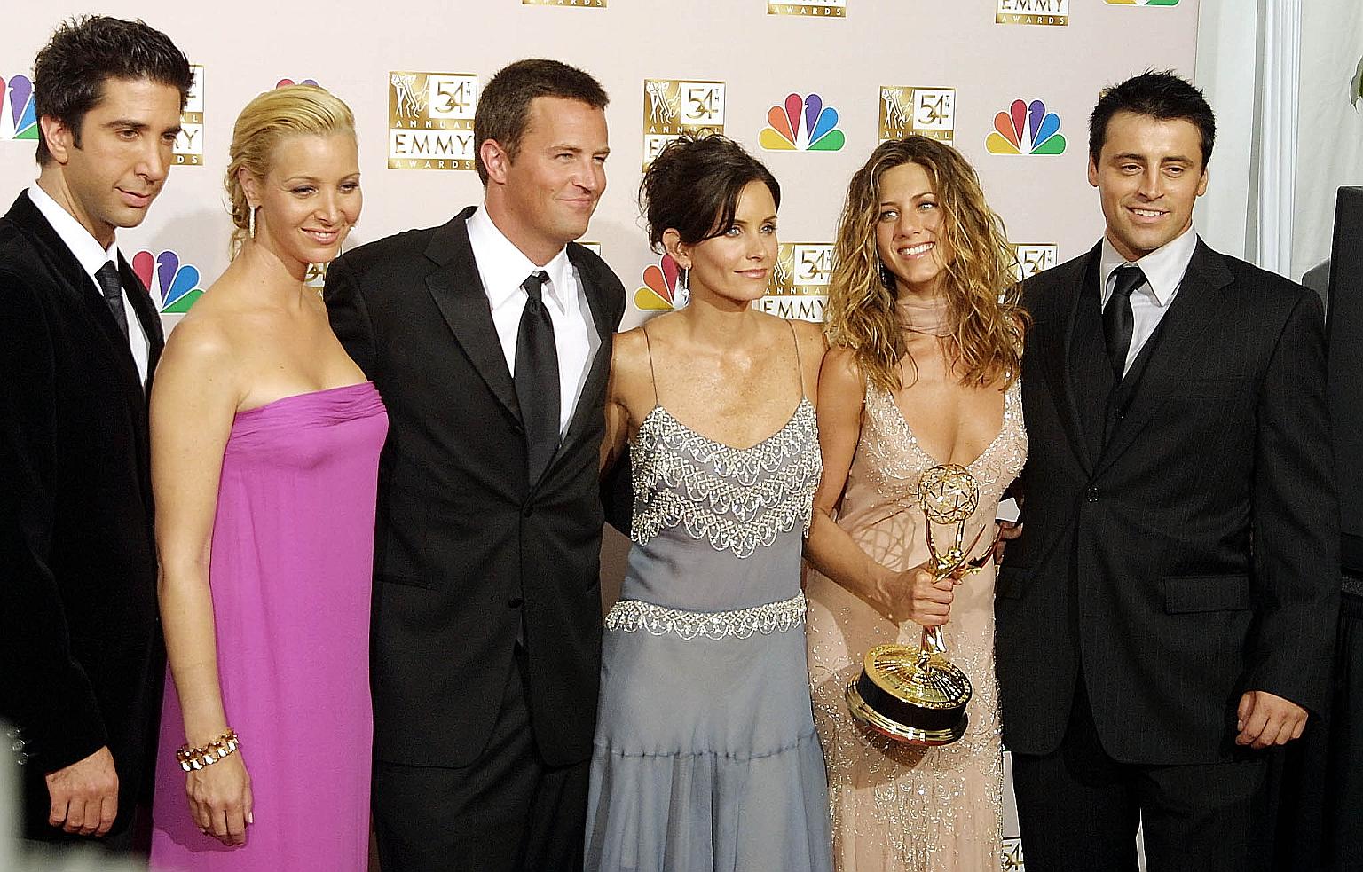 The cast of Friends in 2002 - (from left) David Schwimmer, Lisa Kudrow, Matthew Perry, Courteney Cox, Jennifer Aniston and Matt LeBlanc.