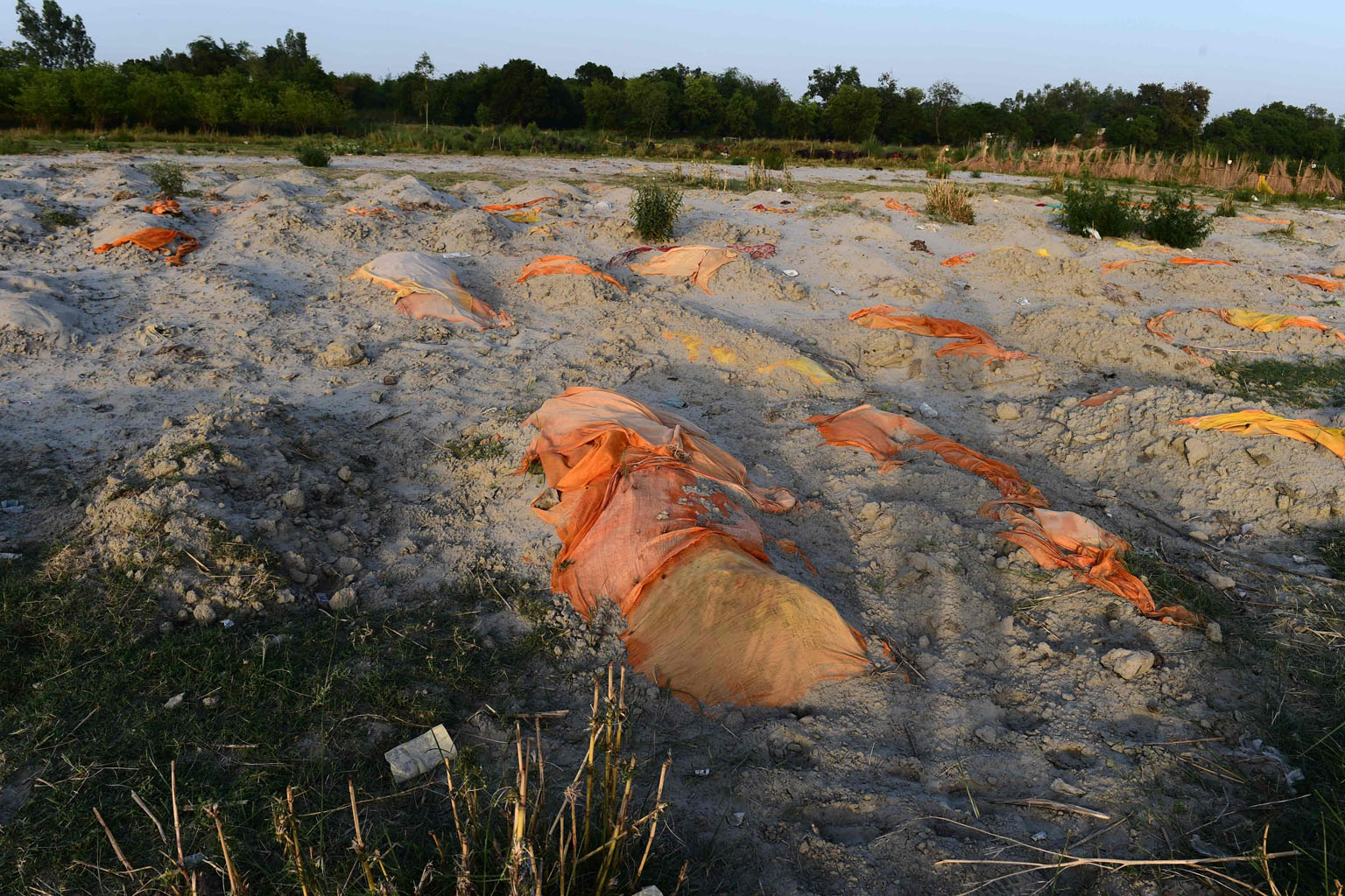 The bodies of suspected coronavirus victims are seen partially buried in the sand near a cremation ground on the banks of the Ganges river in Rautapur Ganga Ghat, Unnao, last Thursday. PHOTO: AGENCE FRANCE-PRESSE