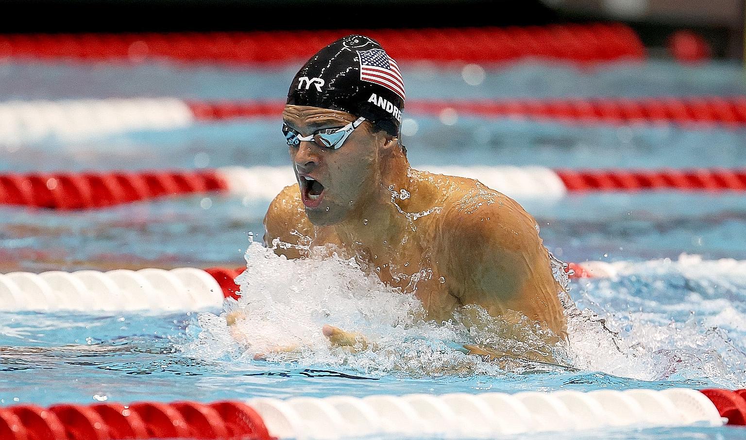 Michael Andrew of the US on his way to winning the 200m individual medley in 1:56.84 at the Indianapolis Pro Swim Series on Saturday. He admitted after the race that he was "a little tired mentally".