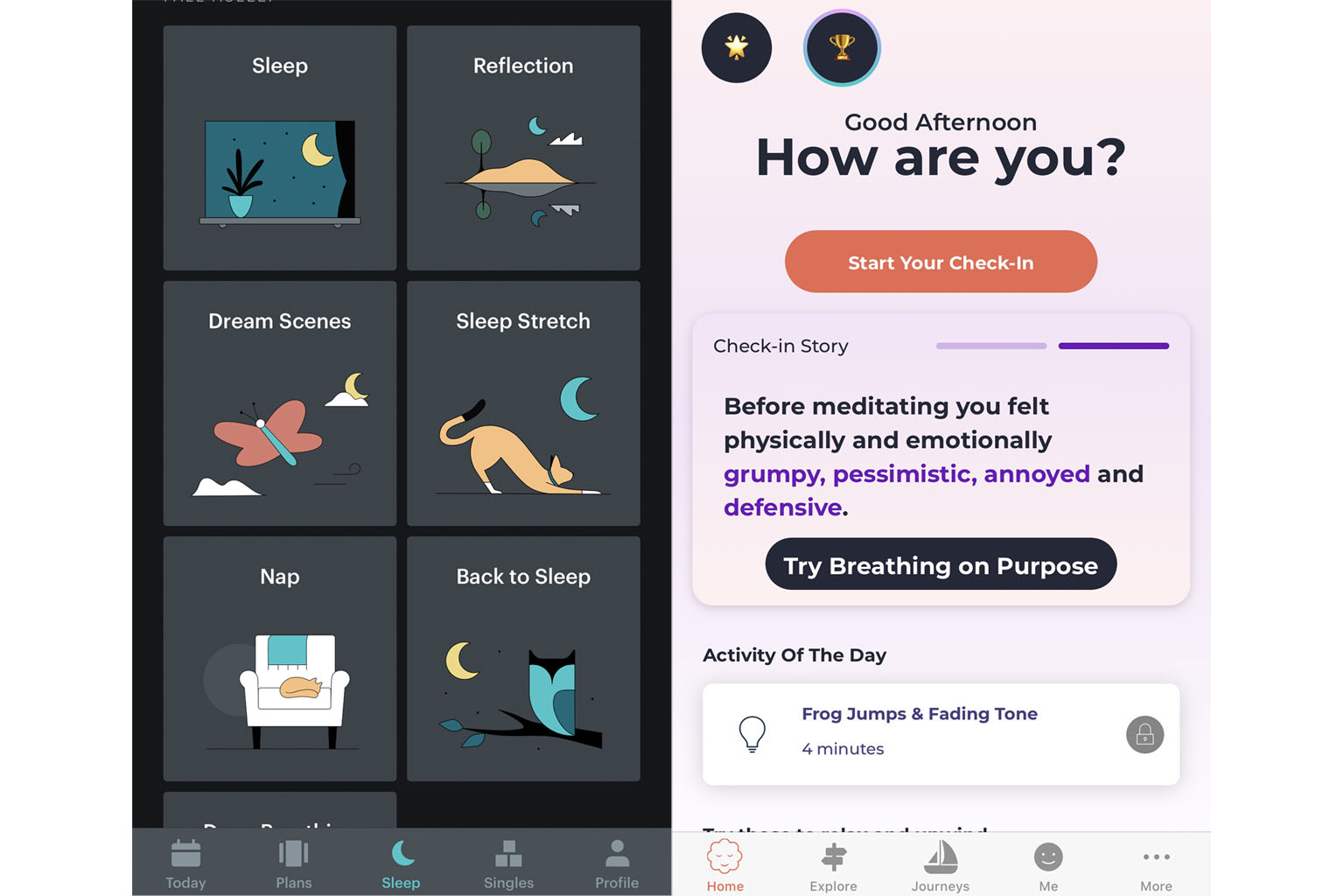 Balance (left) can track preferences and tailors meditation programmes for users, while MyLife Meditation (right) offers meditations designed for the stresses of student life.