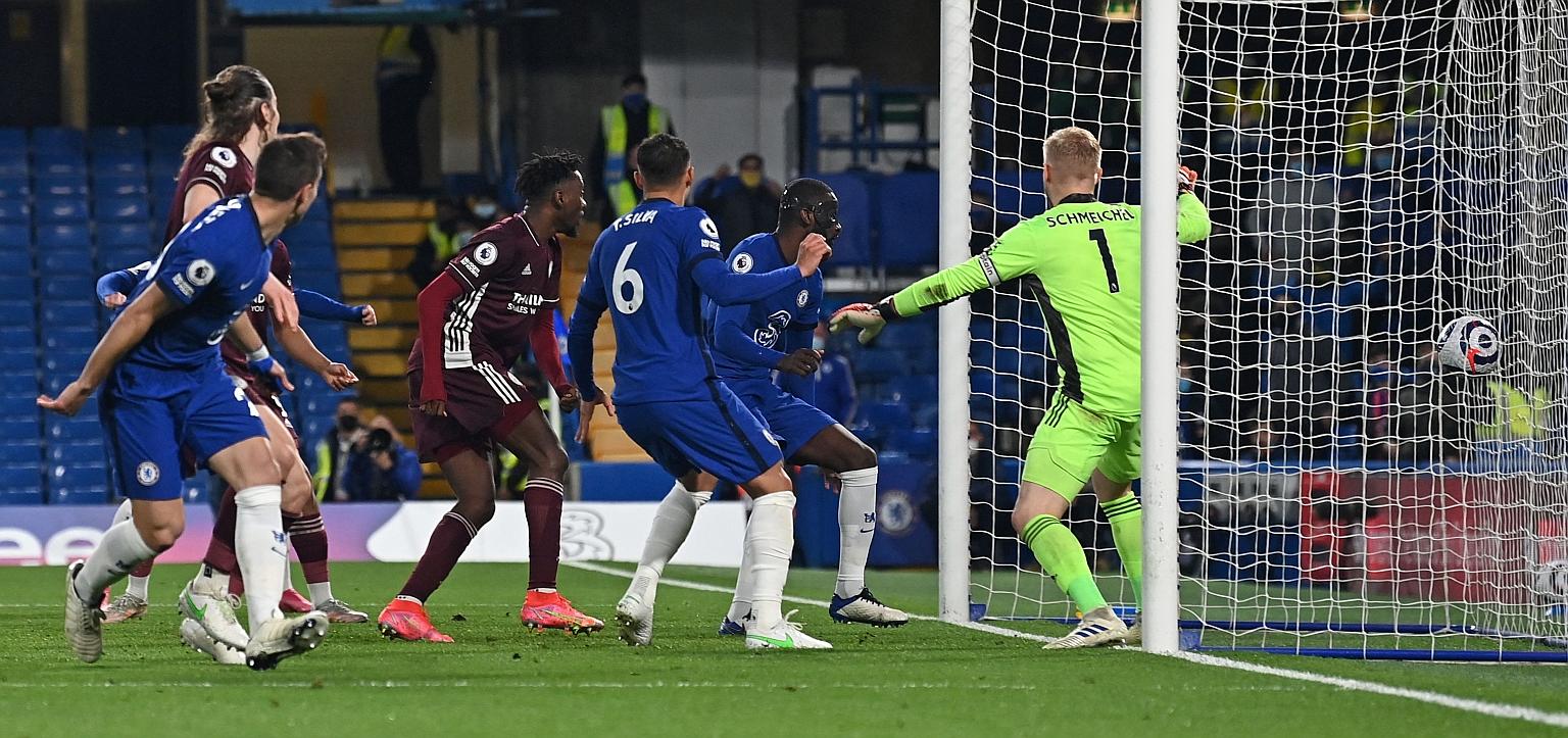 Chelsea's Antonio Rudiger scoring in the 2-1 Premier League win over Leicester on Tuesday. The victory meant that the Blues are on 67 points and will secure third place if they beat Aston Villa on Sunday.