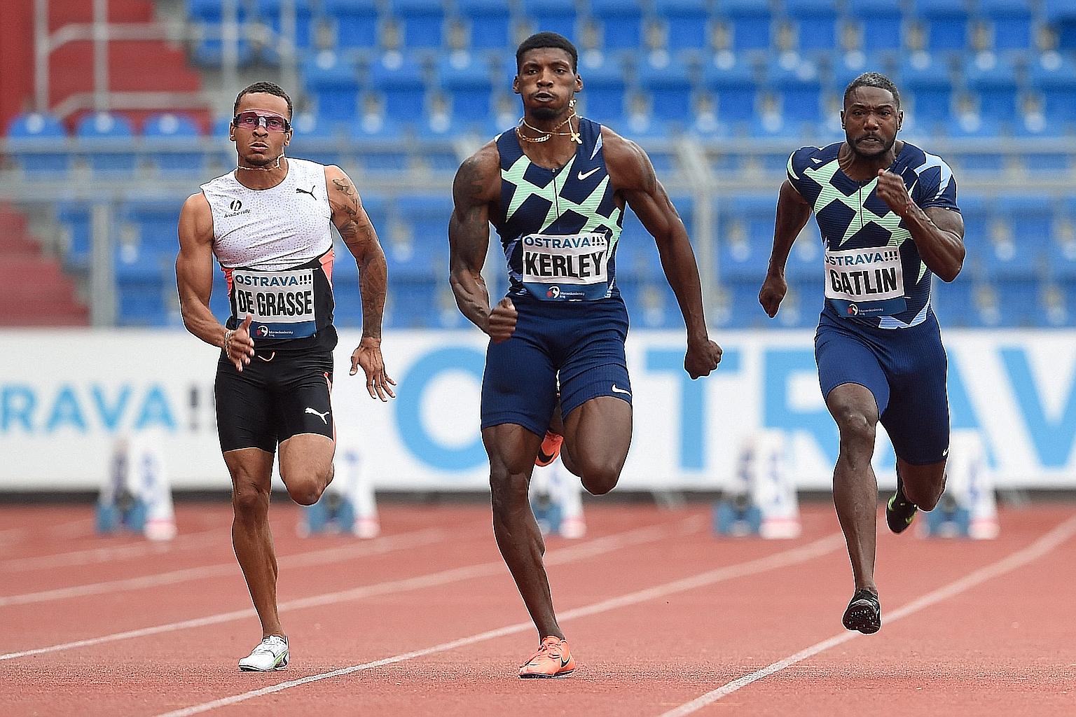 American Fred Kerley wins the men's 100m in 9.96sec, ahead of compatriot Justin Gatlin and Canada's Andre de Grasse (third) at the Golden Spike meet in Ostrava, Czech Republic.