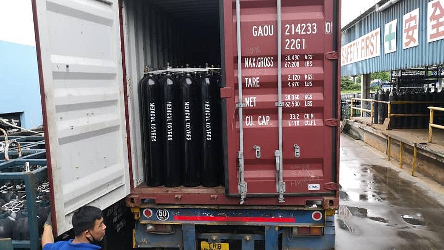 The Pan Indian Institutes of Management Alumni has sourced 2,660 oxygen cylinders for India, which left Singapore yesterday and are expected to reach Chennai next Saturday. PHOTO: CHEM GAS