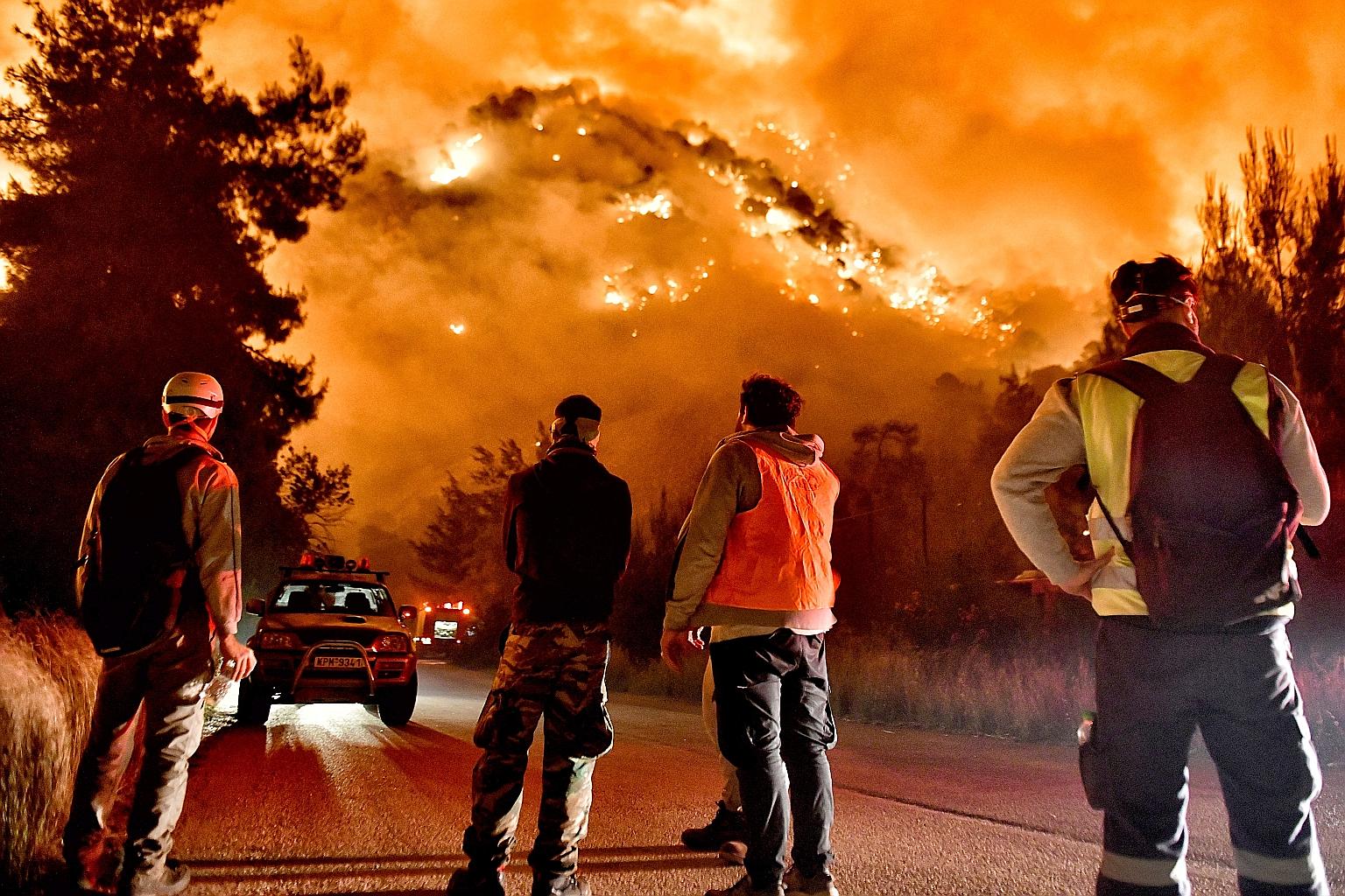 Firefighters at the scene of a massive forest blaze in Loutraki, Greece, on Thursday. The fire started late on Wednesday in the Corinthian Gulf village of Schinos, apparently by someone burning vegetation in an olive grove, the state civil protection