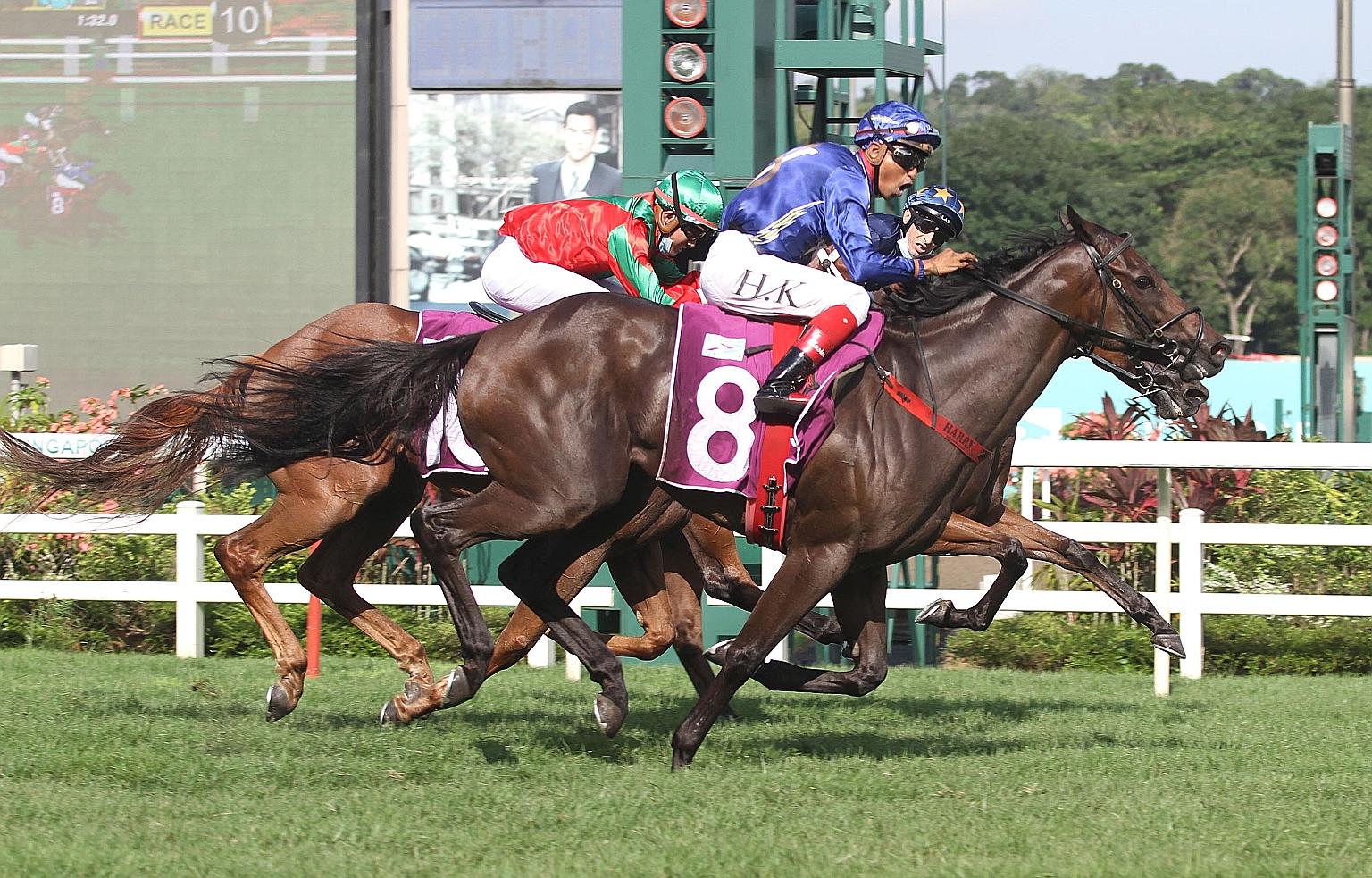 Minister overcoming a wide barrier to beat Lim's Lightning by a head in a thrilling three-way finish for the $1 million Kranji Mile at Kranji yesterday. Third, just a neck away, was Rocket Star.