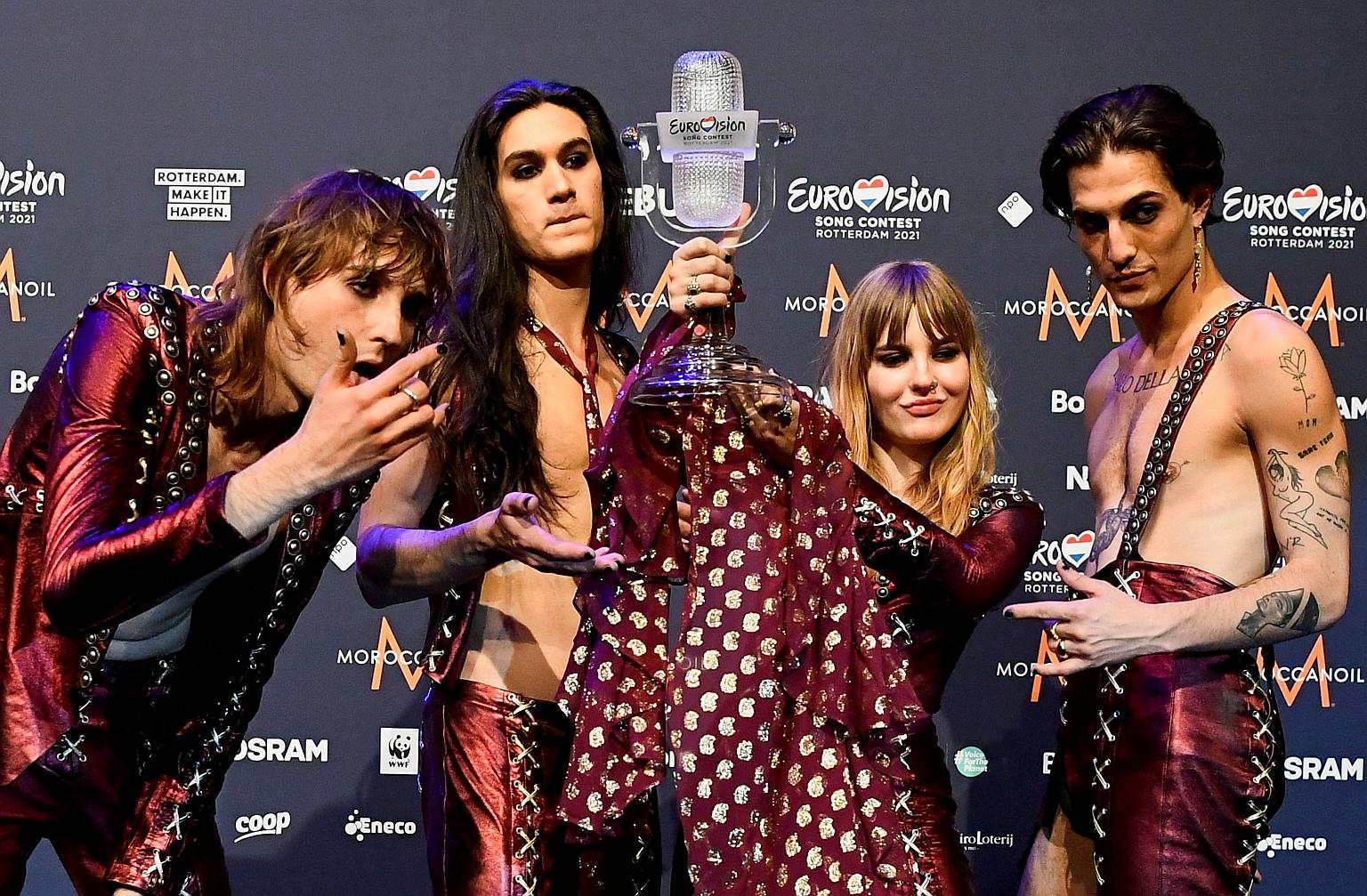 Maneskin with their trophy for this year's Eurovision Song Contest in Rotterdam, the Netherlands.