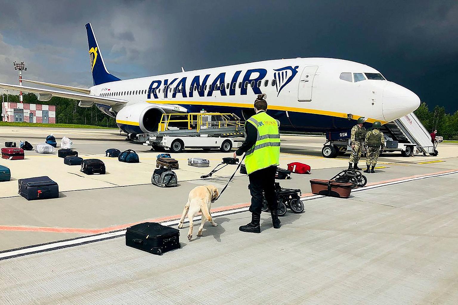 A Belarusian dog handler checking luggage unloaded from Ryanair's Flight FR4978 at Minsk airport on Sunday, in this photo from ONLINER.BY. On the plane's forced diversion, Belarus said it was acting in response to a bomb threat on the flight, which t