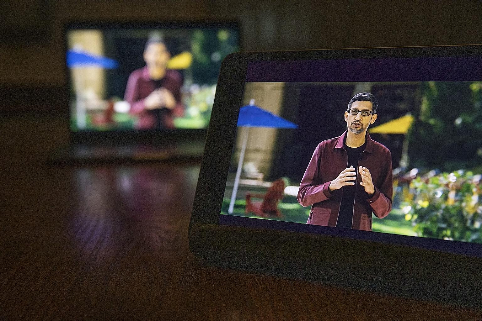 Mr Sundar Pichai, chief executive of Google parent Alphabet, speaking during the virtual Google I/O developer conference last Tuesday. He teased a new project called Starline, which allows video calls with people as 3D holograms. The Android 12 mobil