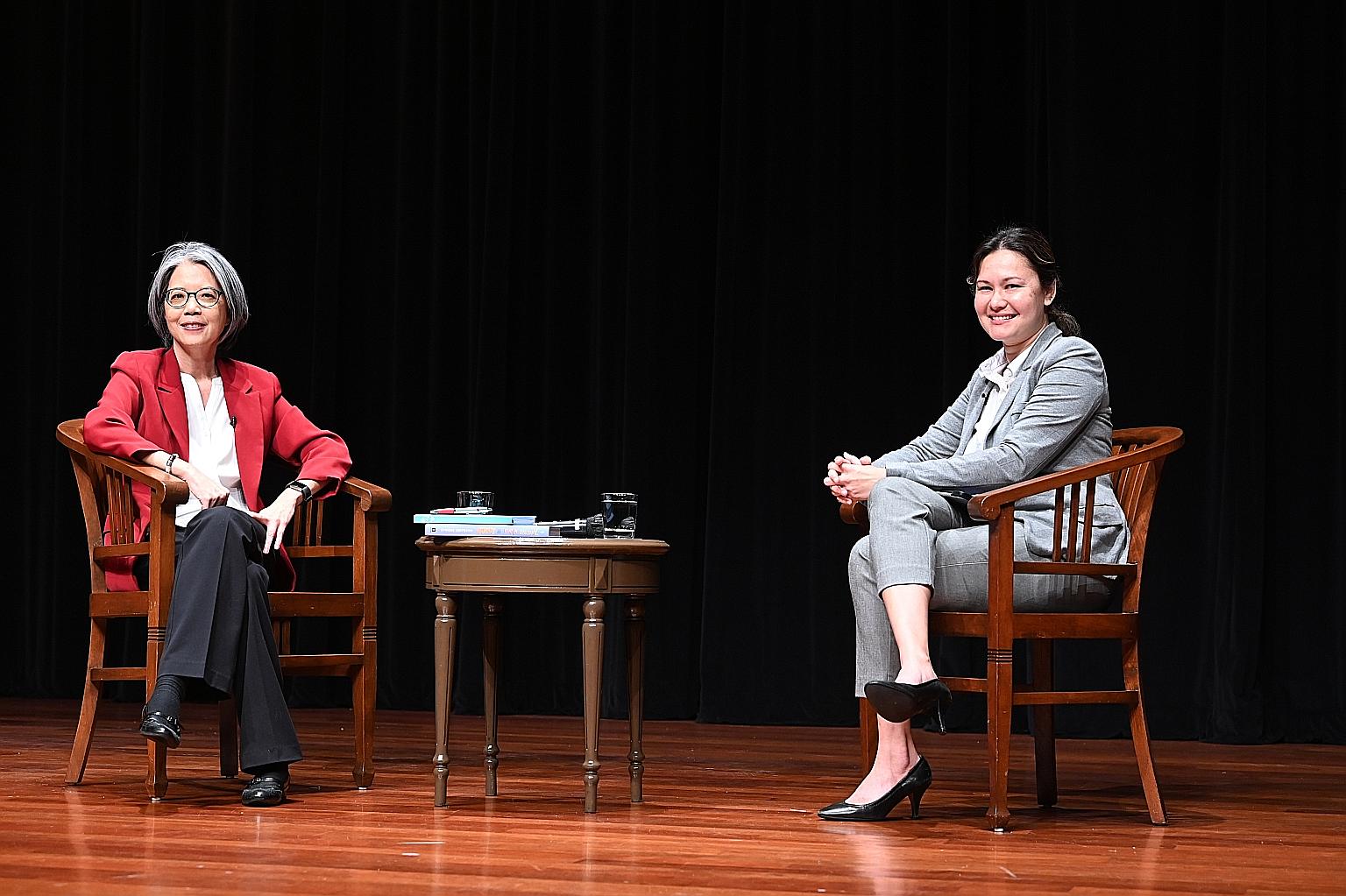 Executive director of Aware Corinna Lim (left) with moderator Eunice Olsen during a question-and-answer session yesterday at the third lecture of this year's Institute of Policy Studies-Nathan Lecture Series. In her lecture, Ms Lim focused on preconc