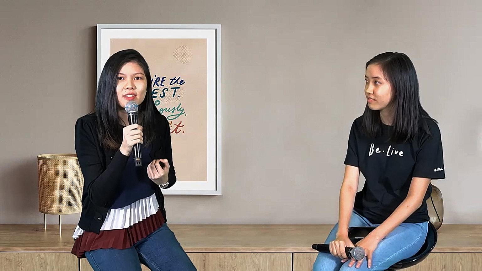 Ms Sophia Sng (far left) speaking at the FamChamps Be.Live Conference yesterday, with youth moderator Christie Lim, 19, facilitating the online discussion. The event was organised by community youth movement FamChamps, which aims to empower young peo
