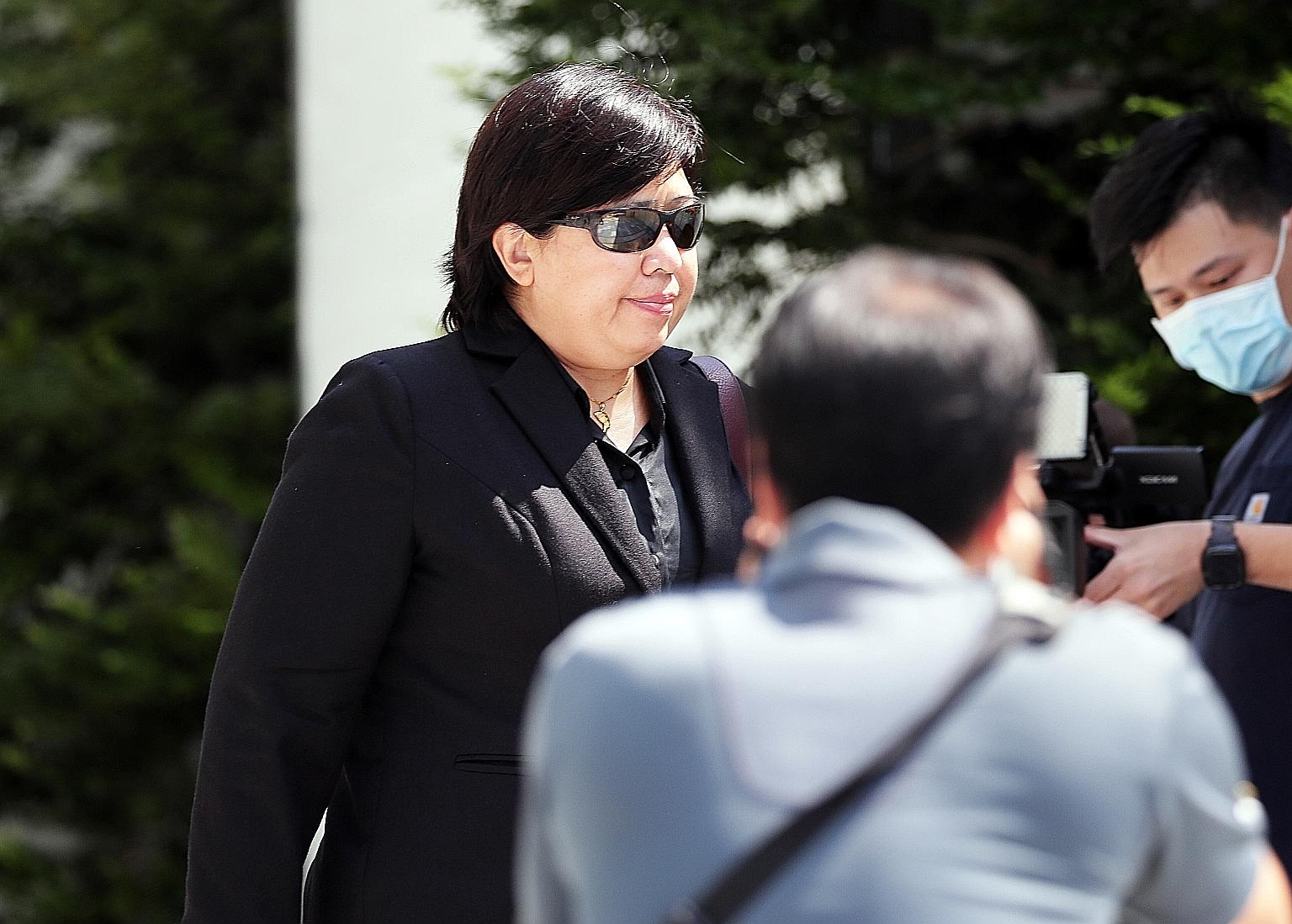 Phoon Chiu Yoke leaving the State Courts on Monday. While serving a stay-home notice last year, Phoon allegedly left her room at Marina Bay Sands and loitered around various places at the hotel without wearing a mask.