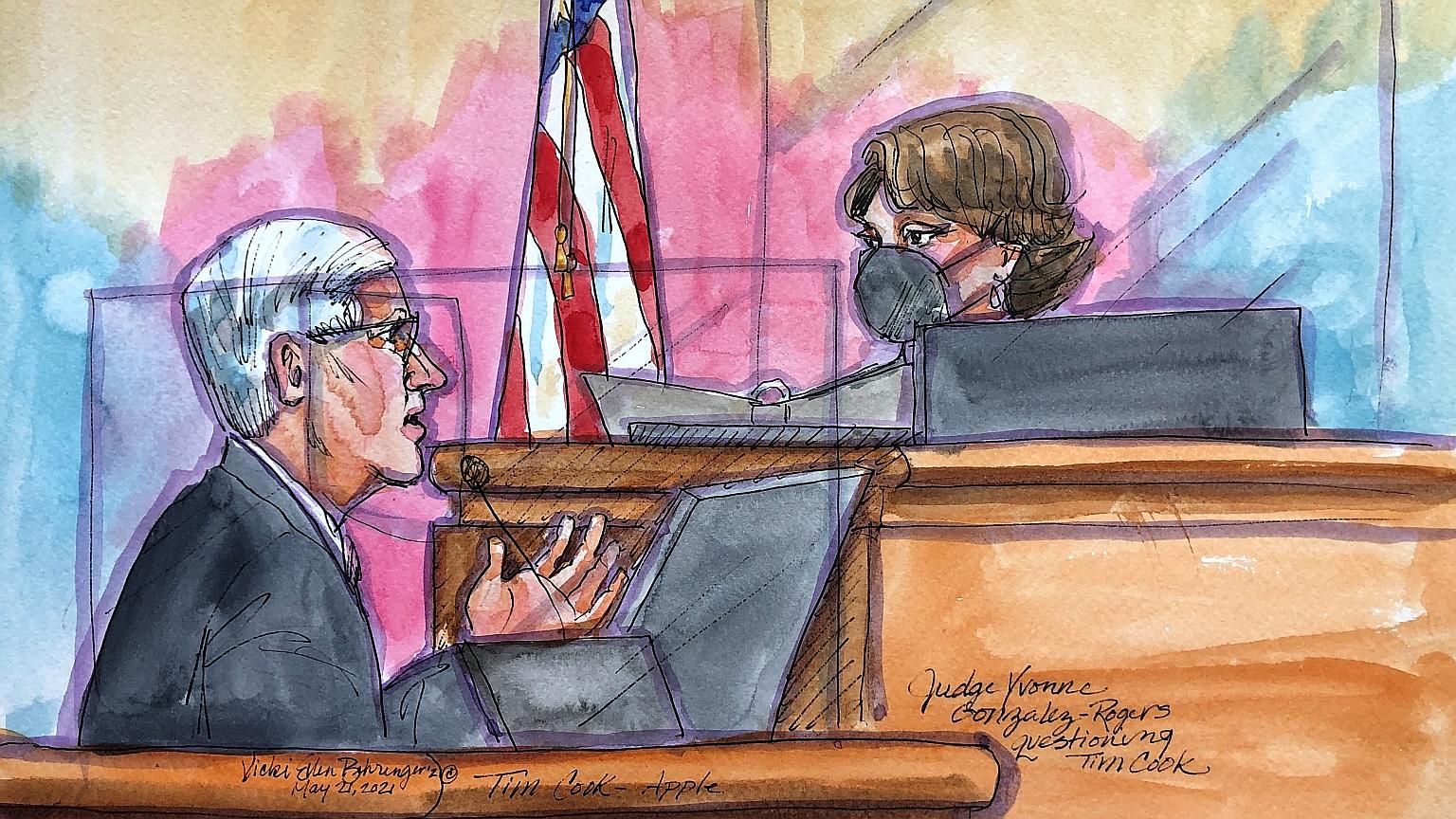 A courtroom sketch of Apple chief Tim Cook being questioned by Judge Yvonne Gonzalez Rogers in a federal court in California last Friday.