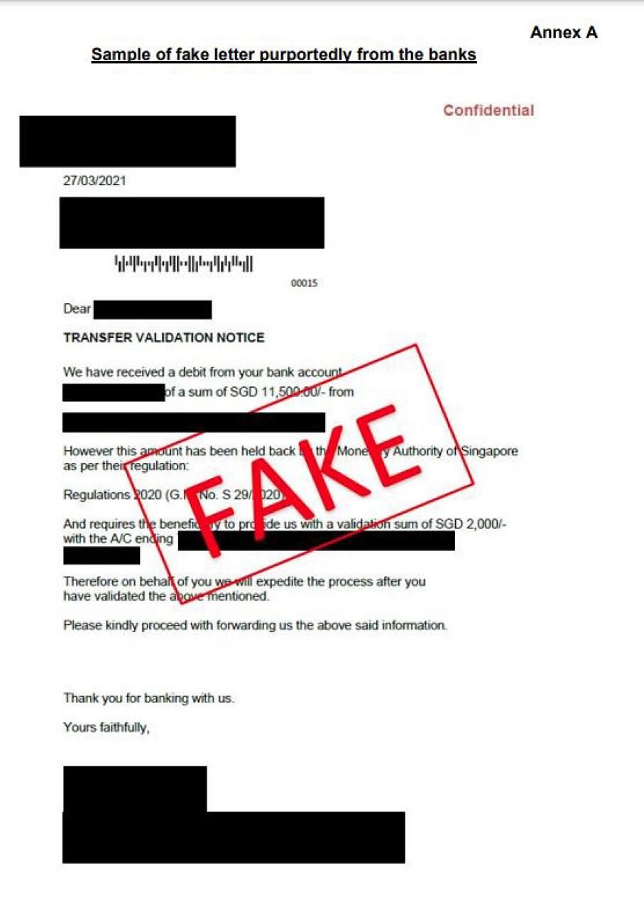 A sample of a fake letter purportedly from a bank. People were cheated of more than $200,000 by this new type of loan scam. PHOTO: SINGAPORE POLICE FORCE