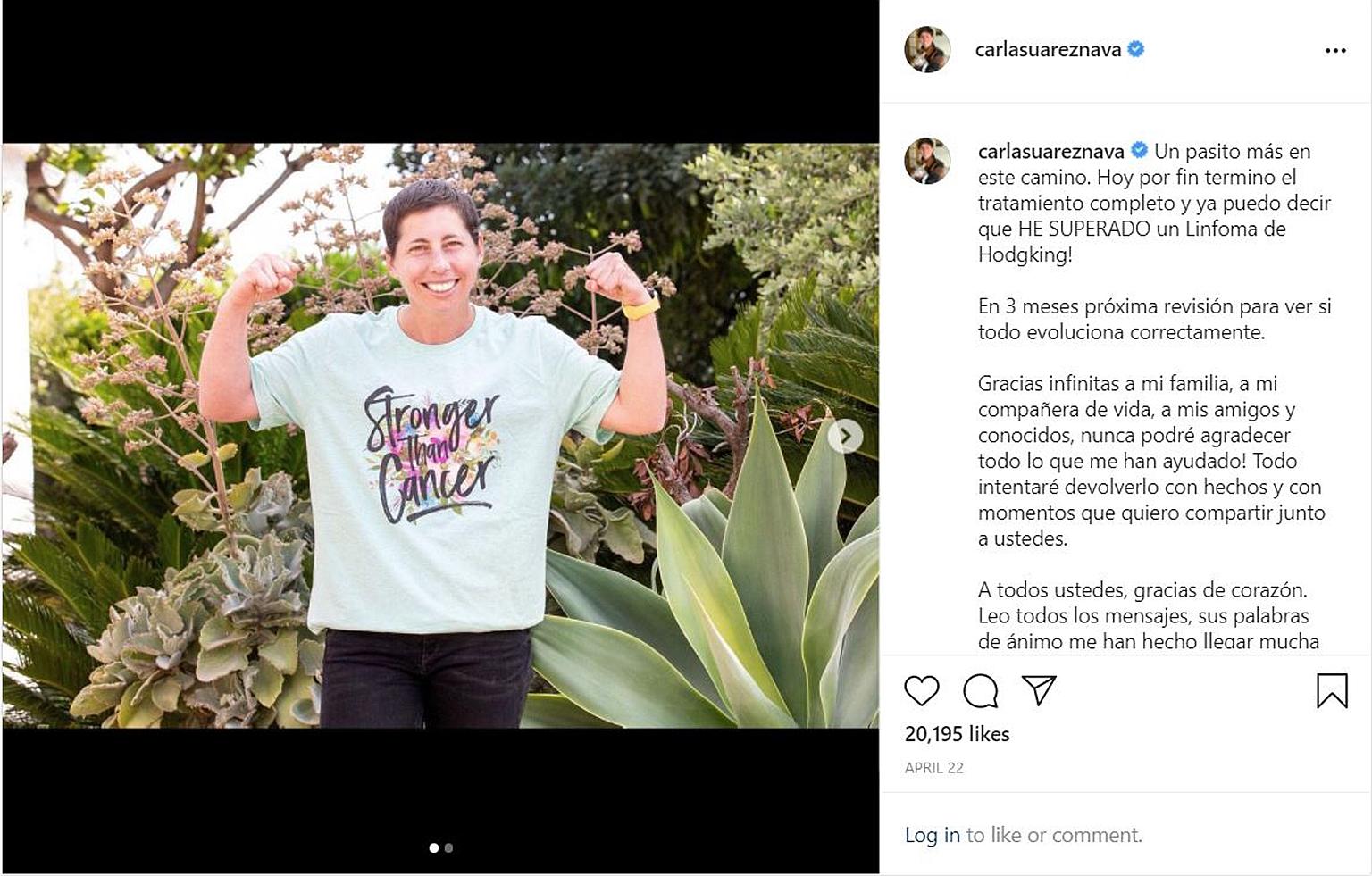 Carla Suarez Navarro was diagnosed with early stage Hodgkin's lymphoma and she said last month that she was cured.