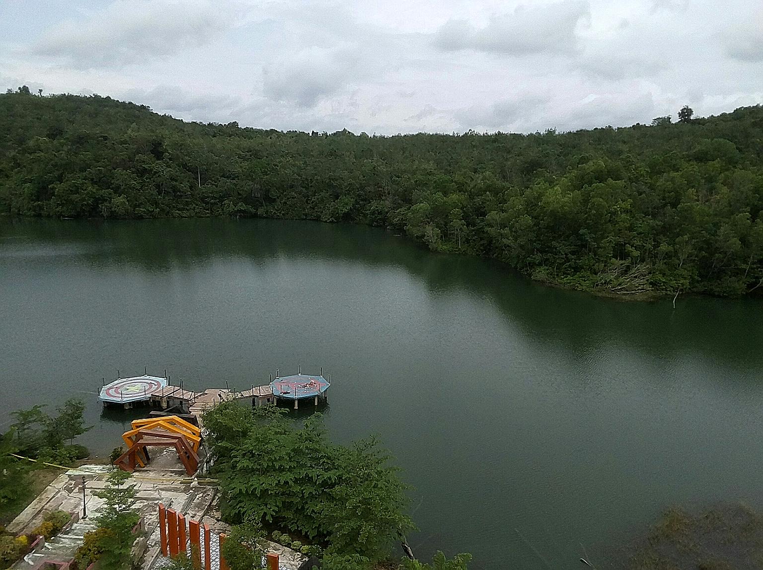 The five who died were members of a family of 14 who had gathered on a wooden structure (above) at Kandi Lake in West Sumatra to take a group photo. Their combined weight brought it down. Nine tourists had drowned in a similar fatal accident in the c