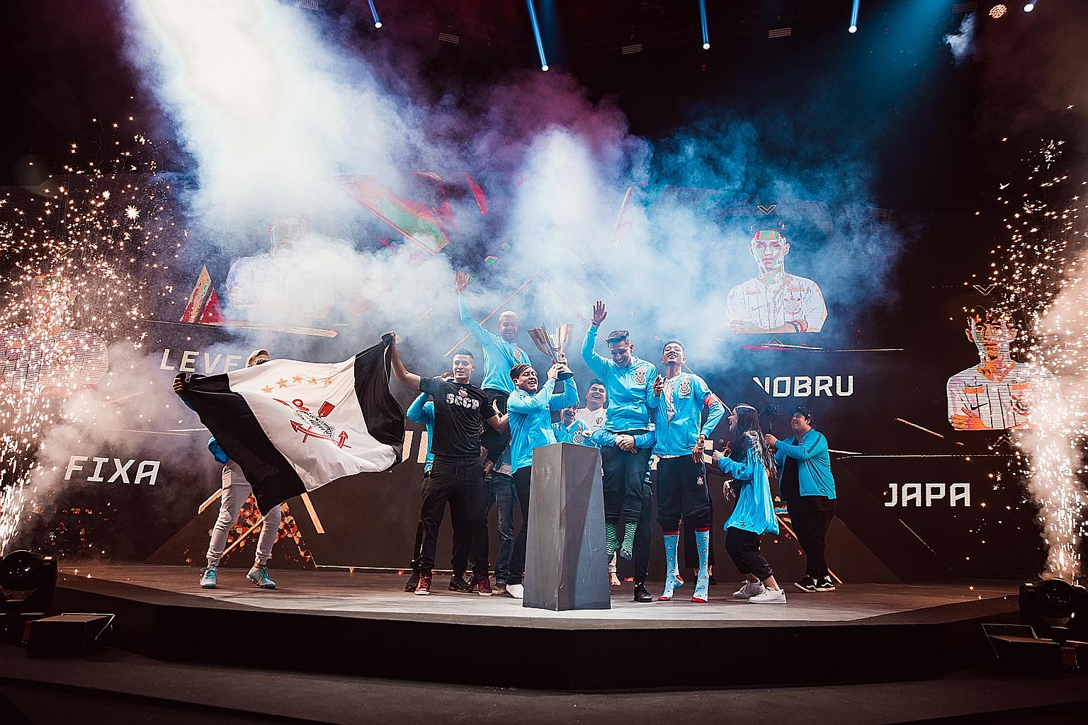 Brazilian team Corinthians celebrating their victory at the Free Fire World Series (FFWS) 2019 in Rio de Janeiro. This year's FFWS are from yesterday to tomorrow in Singapore.