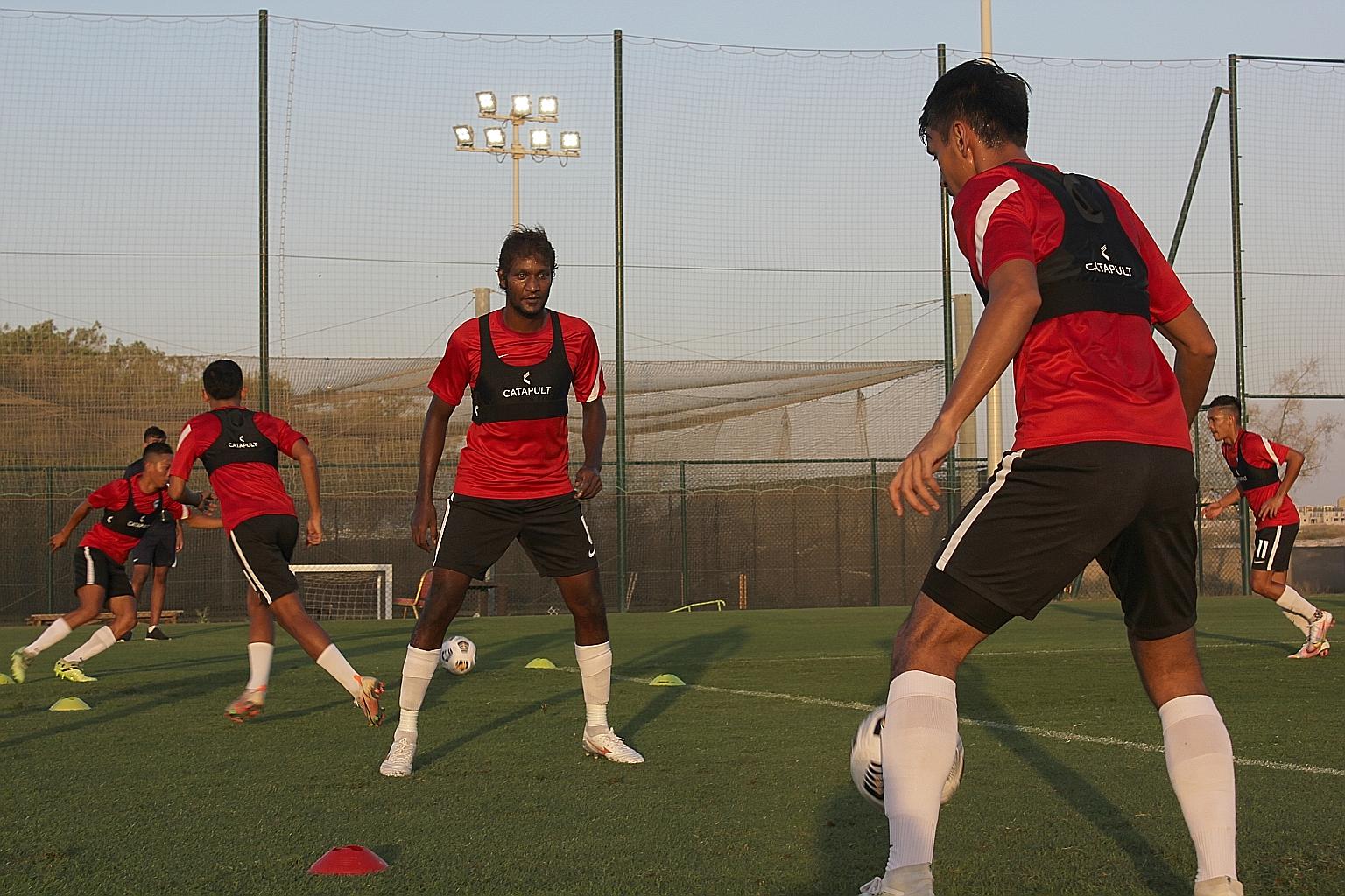 Lions defenders Madhu Mohana (facing camera) and Shakir Hamzah working out during training at their centralised camp in Dubai.