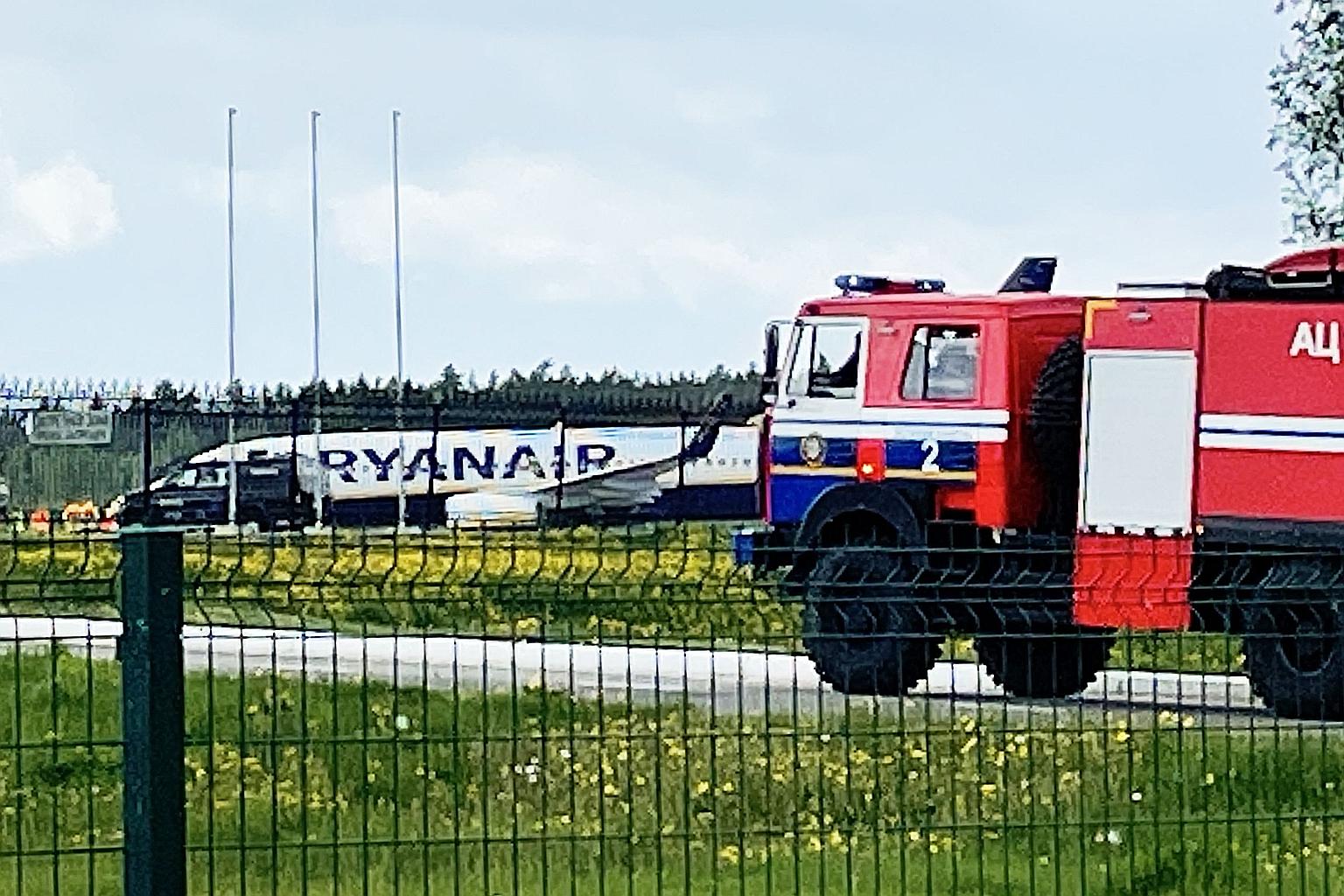 A Ryanair plane at the Minsk international airport after being forced to land on Sunday while flying from Athens to Vilnius.