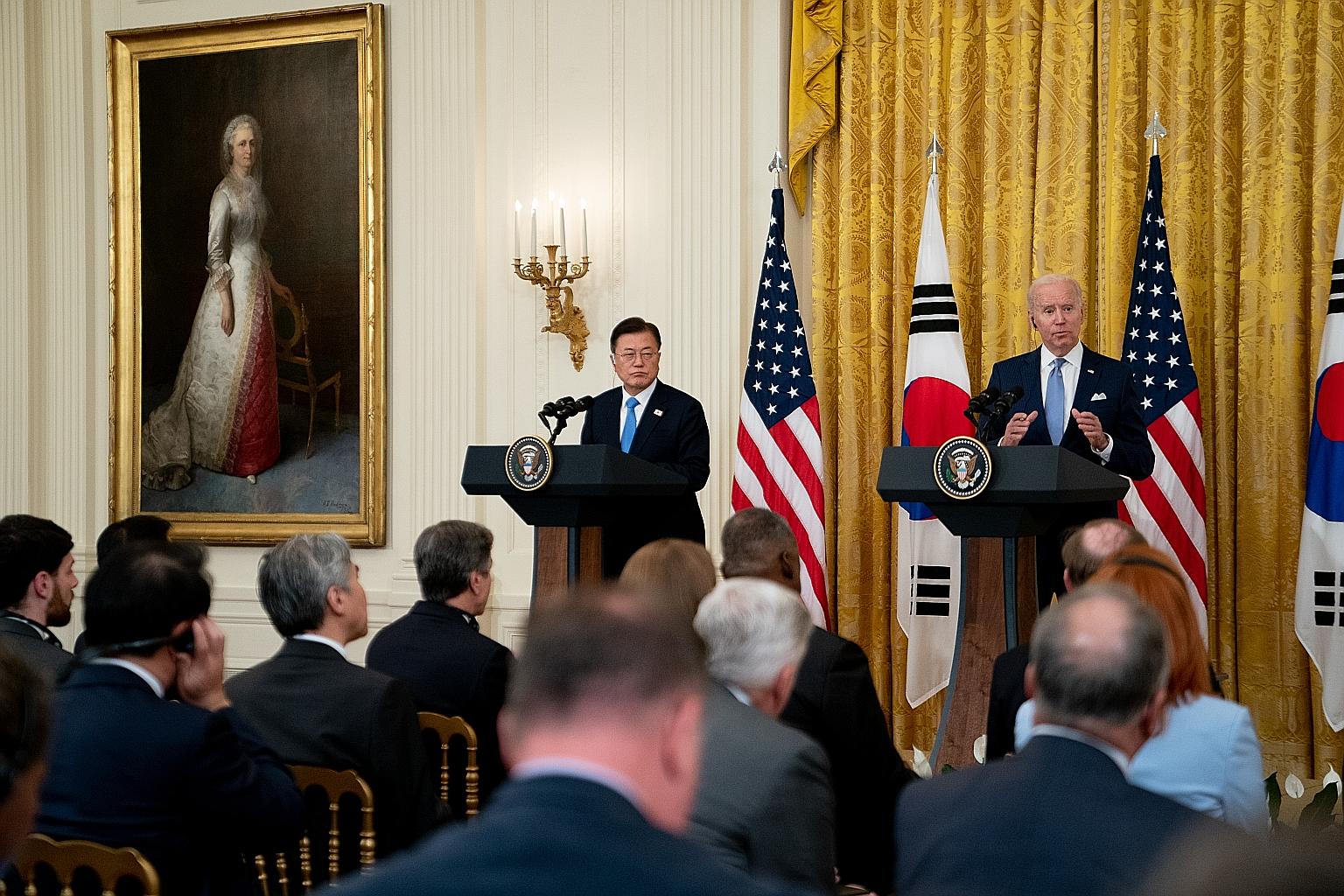 US President Joe Biden and his South Korean counterpart Moon Jae-in at a news conference in Washington on May 21, the day of their summit. North Korea has yet to respond to the meeting between the leaders.