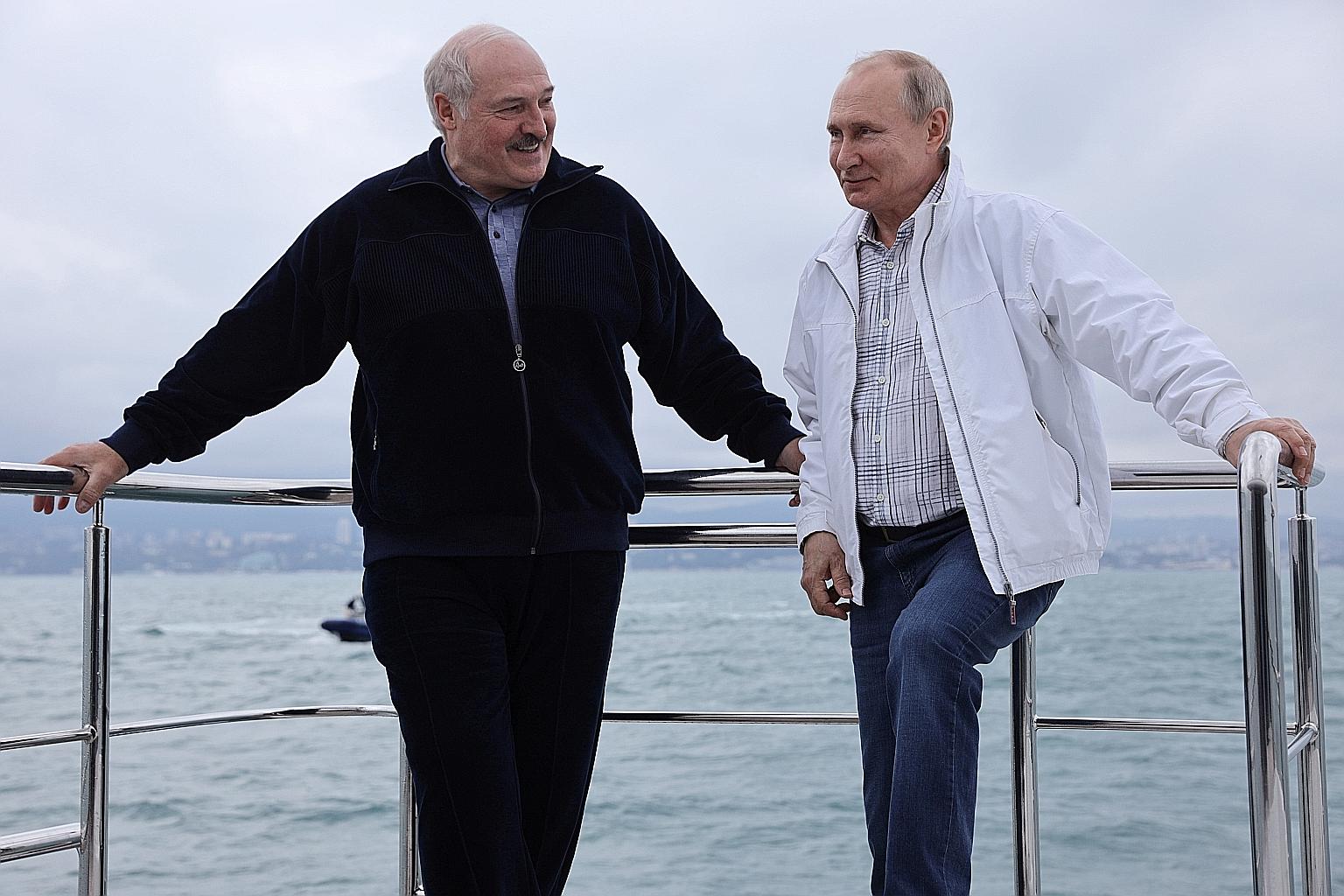 Russian President Vladimir Putin (right) and his Belarusian counterpart Alexander Lukashenko on a boat trip off the Black Sea coast on Saturday, as the allies met for a second day. According to the Kremlin, the neighbours would work on "organising th