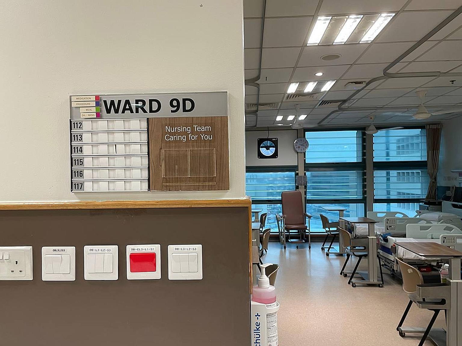 Ward 9D, the epicentre of the Covid-19 outbreak at Tan Tock Seng Hospital. The hospital cluster was one of two community clusters - the other being Changi Airport - where the B1617 variant had surfaced in Singapore. ST FILE PHOTO