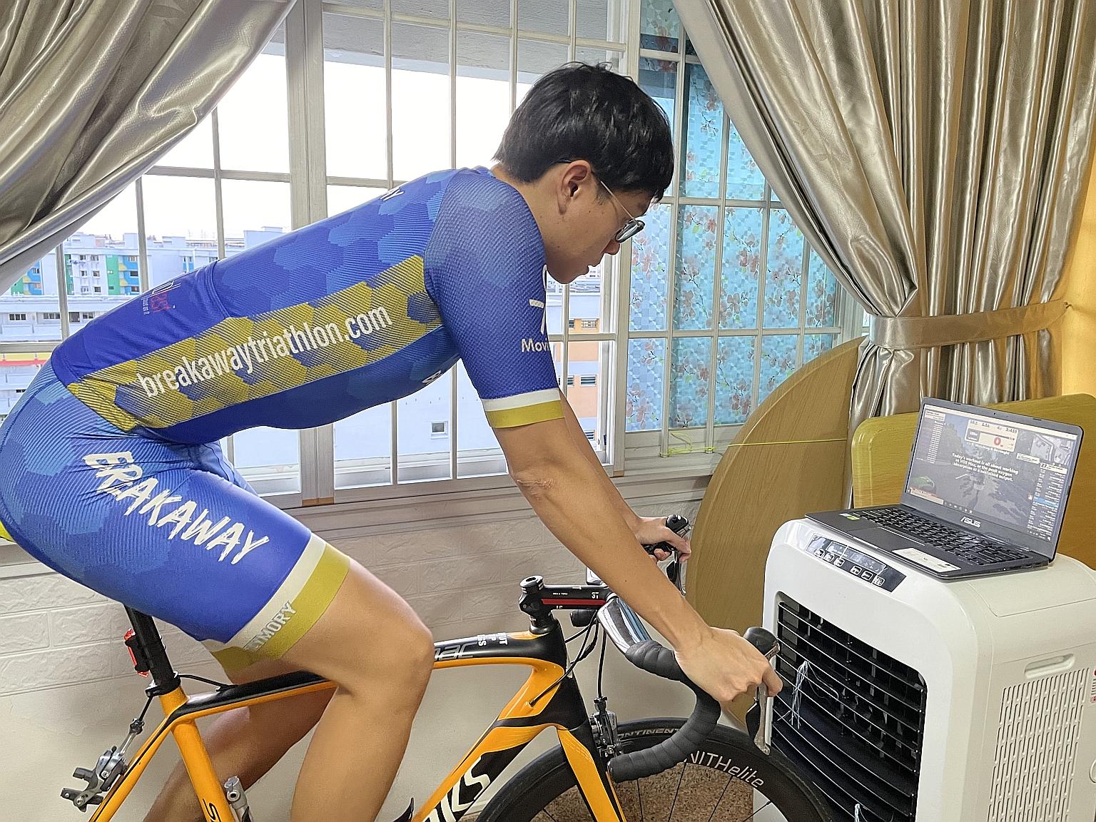 Breakaway co-founder Aw Yizhong in a virtual cycling training session that utilises the Zwift home cycling app.