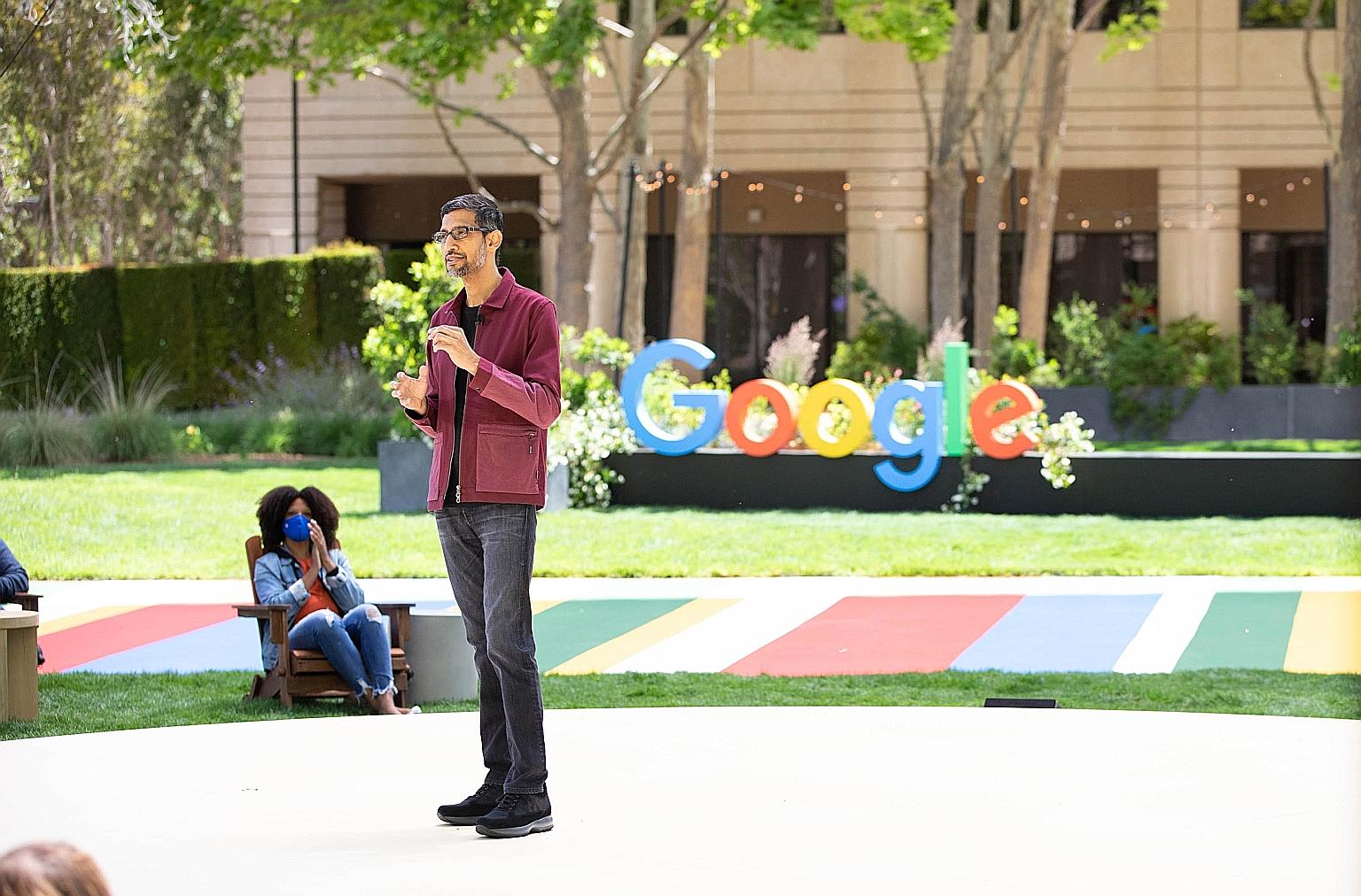 Google chief executive Sundar Pichai talking about the company's artificial intelligence initiatives on May 18. Two of the biggest announcements involve natural language processing and search. PHOTO: GOOGLE