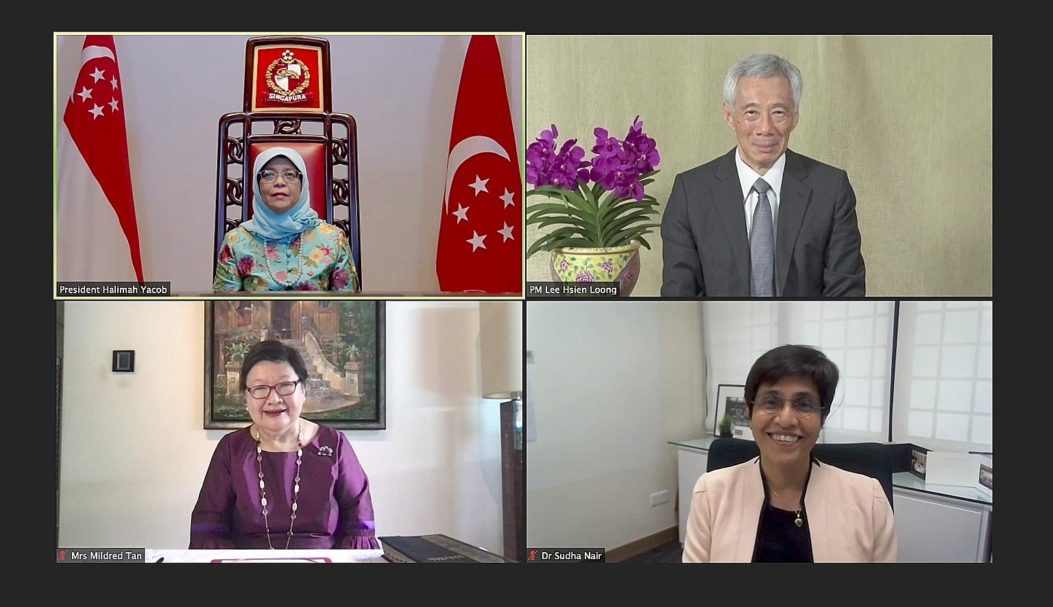 (Clockwise from top left) President Halimah Yacob with Prime Minister Lee Hsien Loong, Dr Sudha Nair and Mrs Mildred Tan at the swearing-in ceremony held virtually from the Istana yesterday.