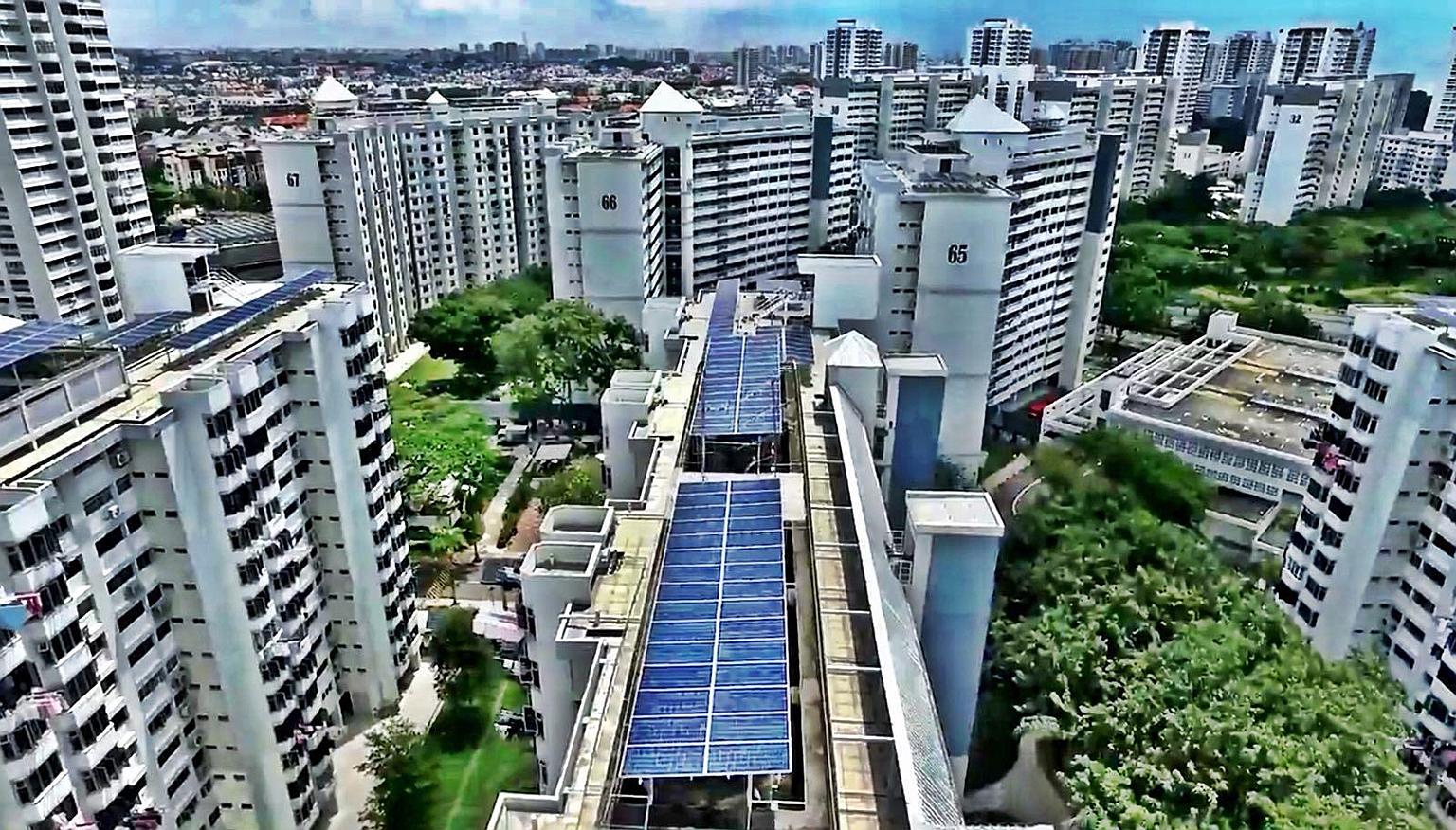 Solar panels installed by energy company Sunseap on HDB rooftops. Solar panel deployment has picked up in recent years and several local firms and multinationals plan to be part of Singapore's renewable energy value chain.